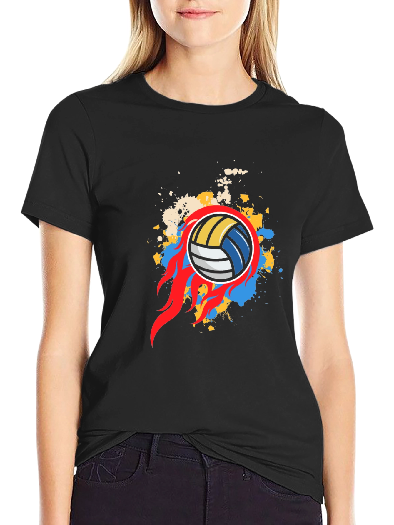 Flaming Volleyball Graphic Tee - Black Cotton Shirt