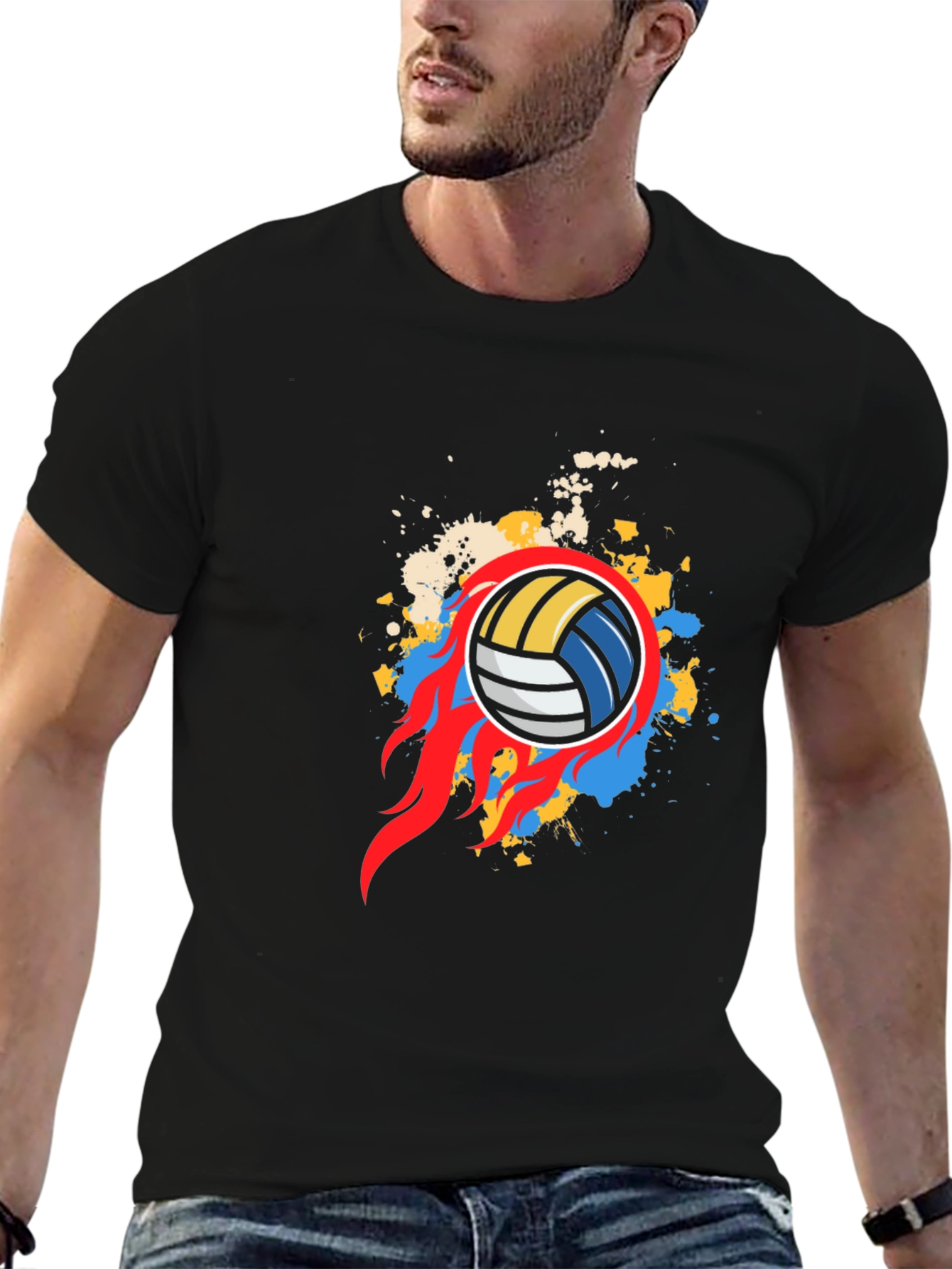 Flaming Volleyball Graphic Tee - Black Cotton Shirt