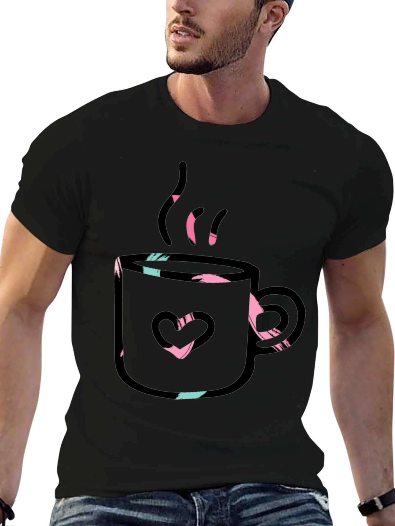 Heart Coffee Mug Graphic T-Shirt - Black