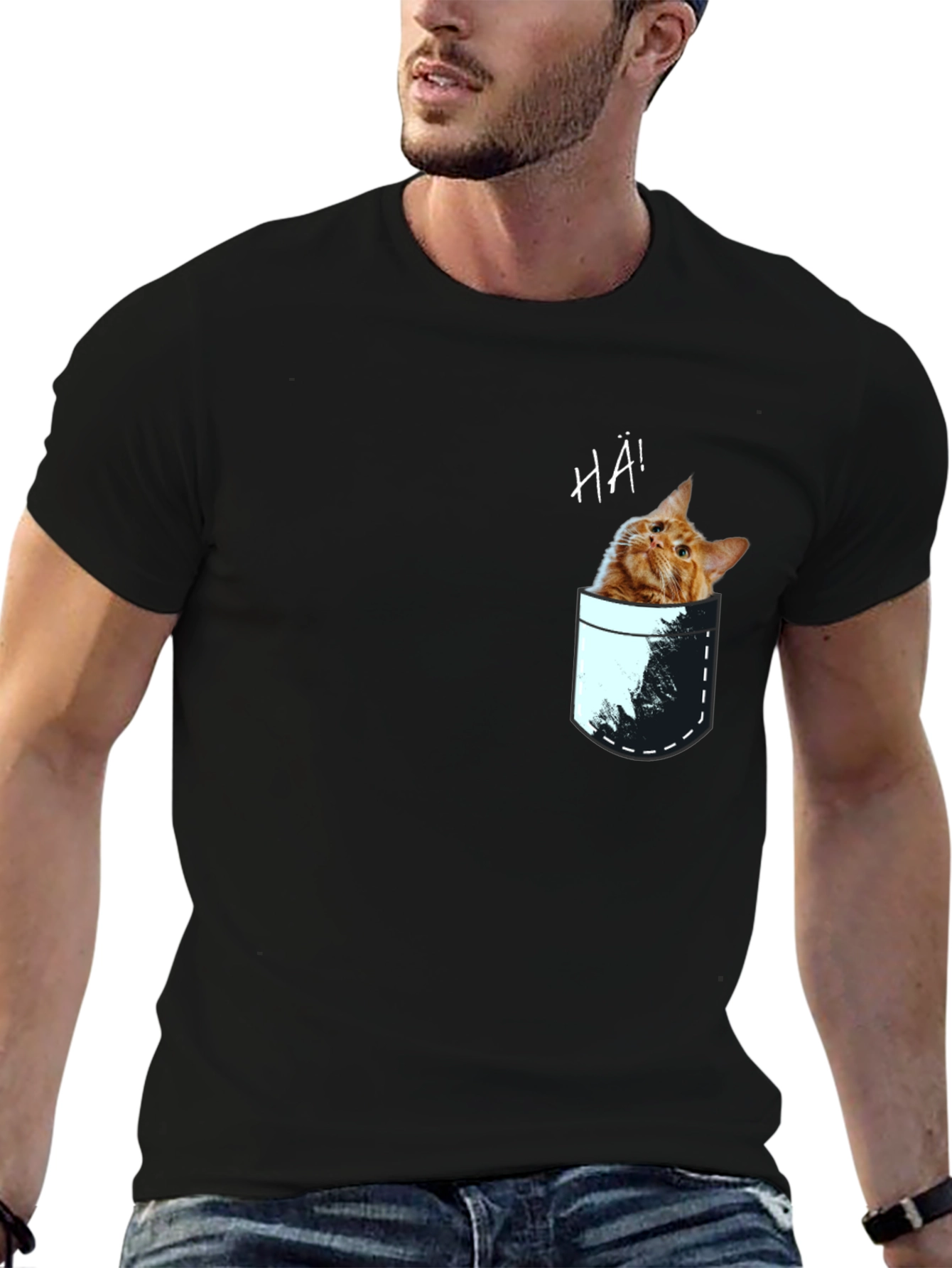 Cat Pocket Graphic Tee - Quirky Mens T-Shirt