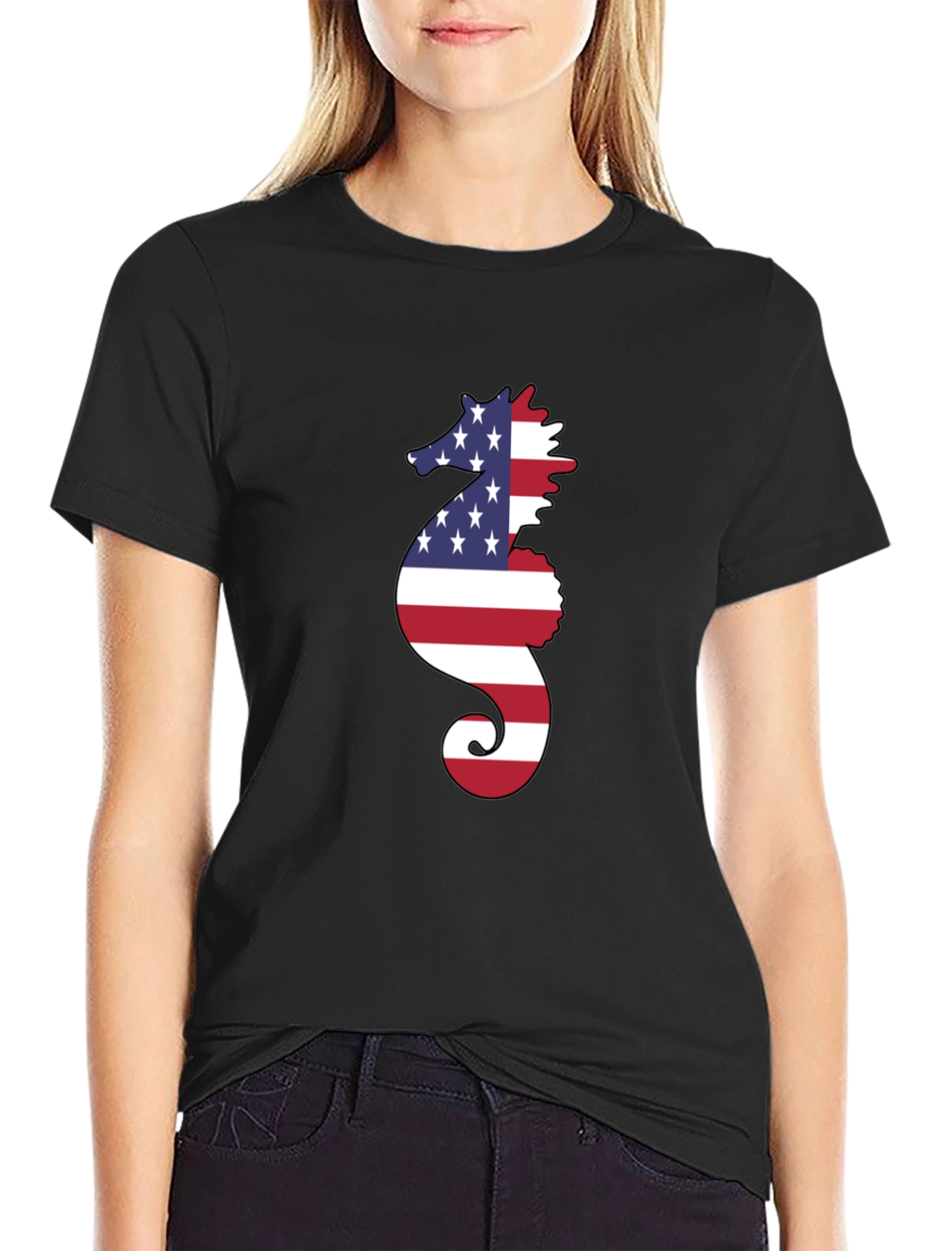 American Flag Seahorse Graphic T-Shirt