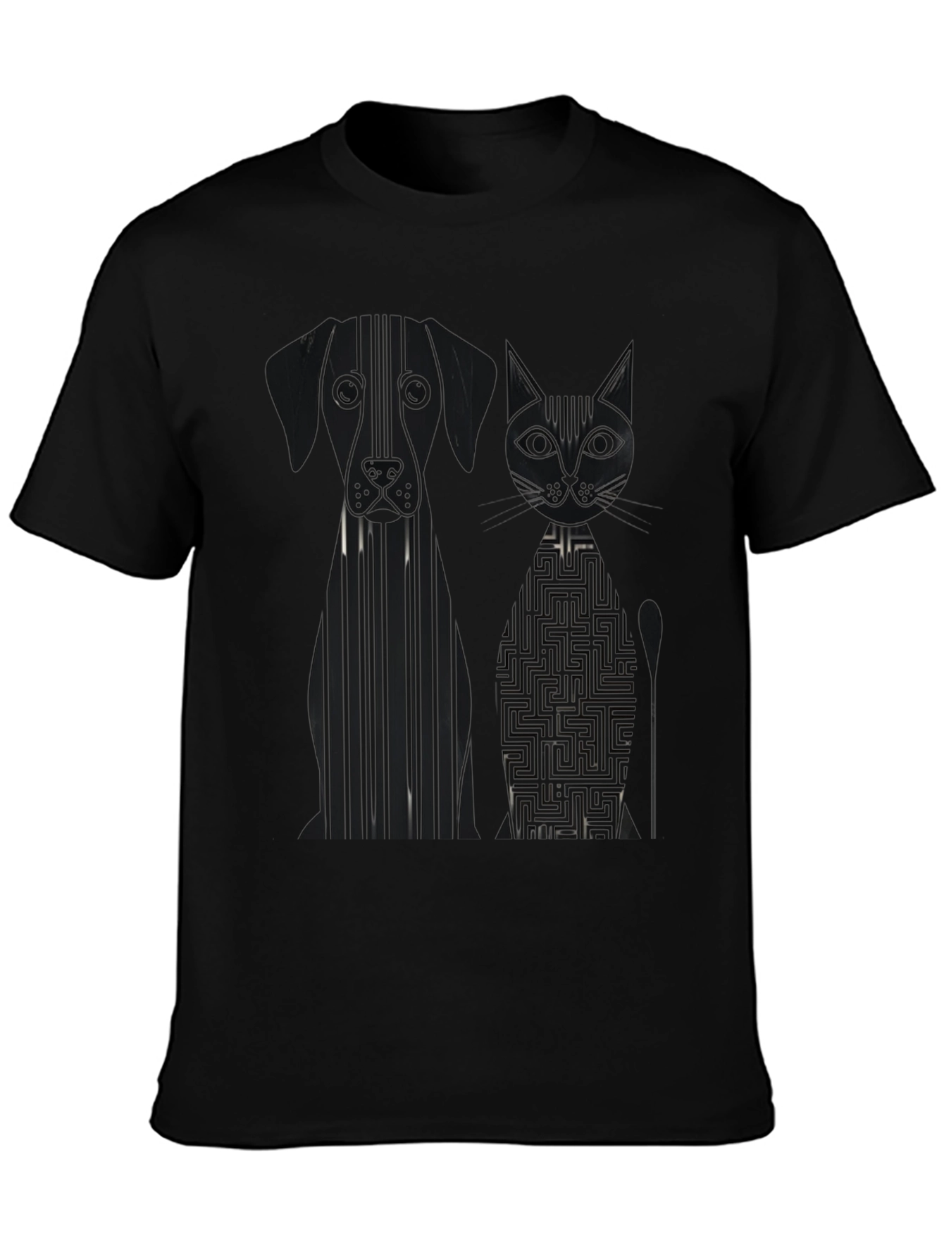 Dog and Cat Geometric Graphic Black T-Shirt