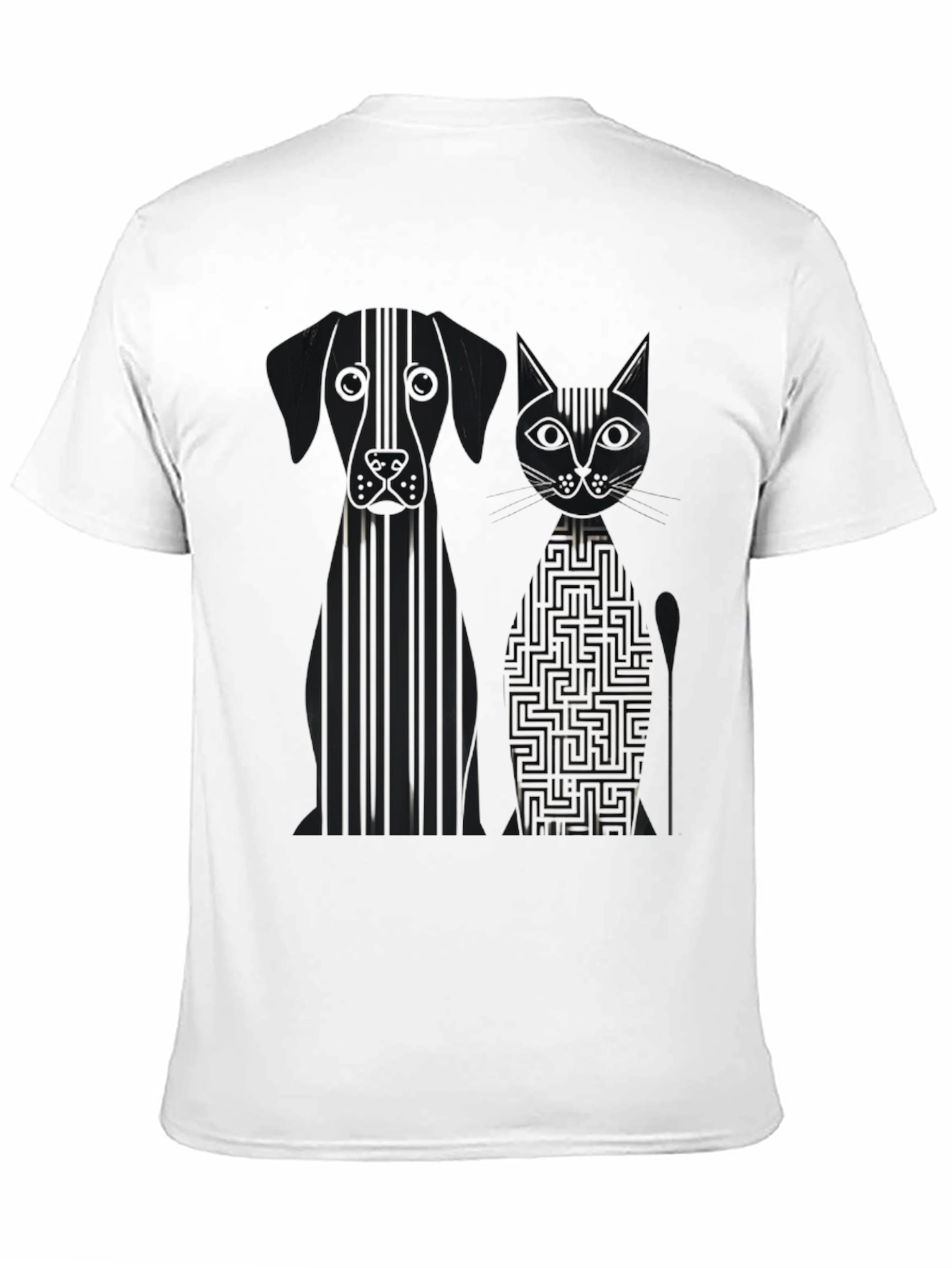 Dog and Cat Geometric Graphic Black T-Shirt