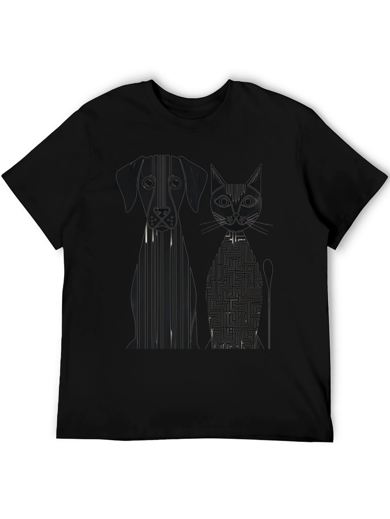 Dog and Cat Geometric Graphic Black T-Shirt
