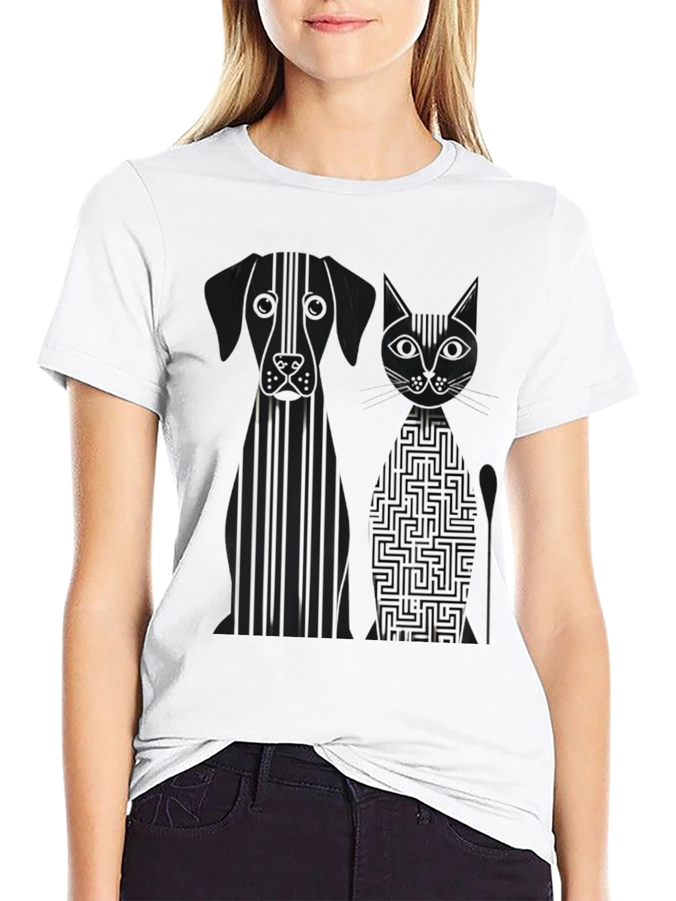 Dog and Cat Geometric Graphic Black T-Shirt