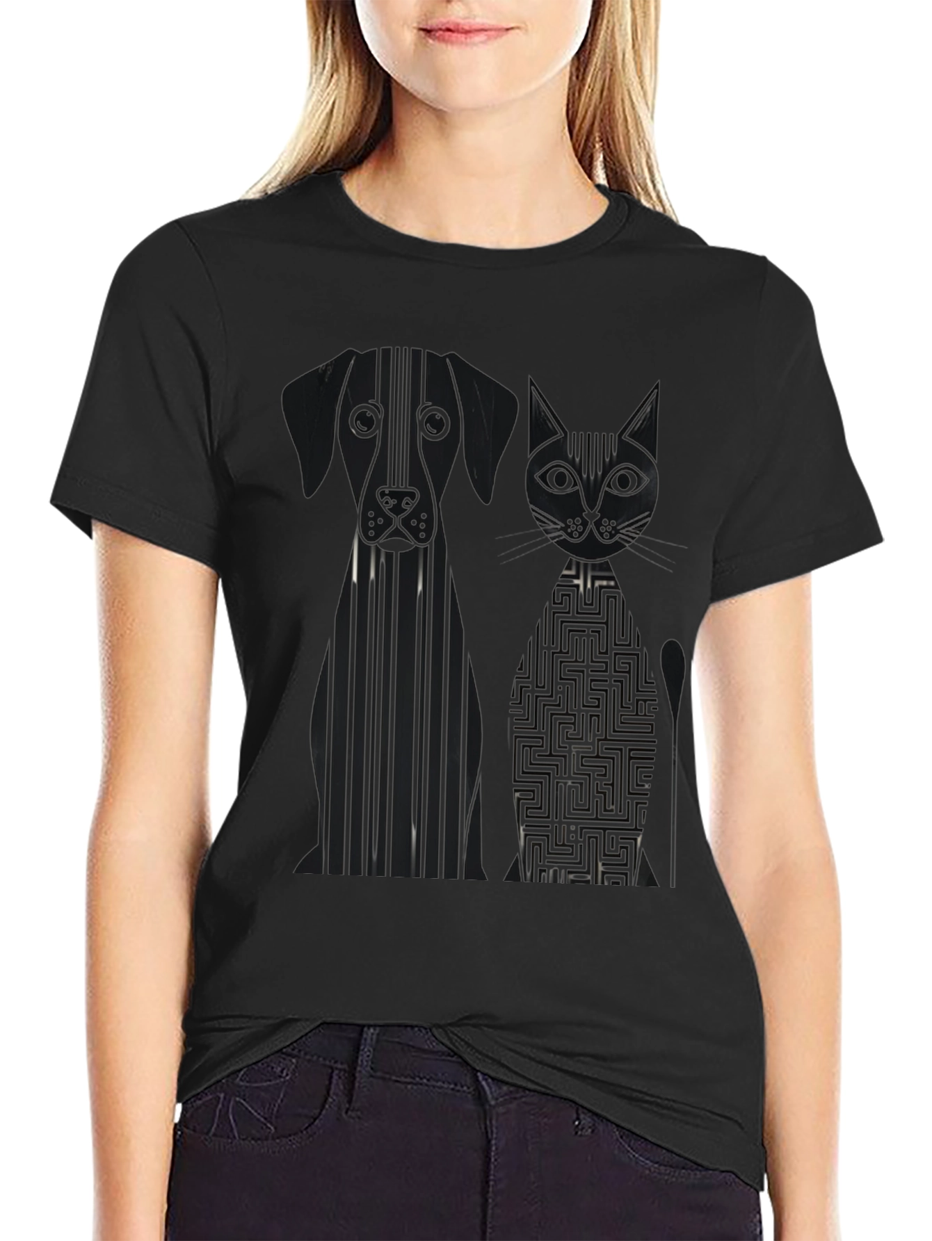 Dog and Cat Geometric Graphic Black T-Shirt
