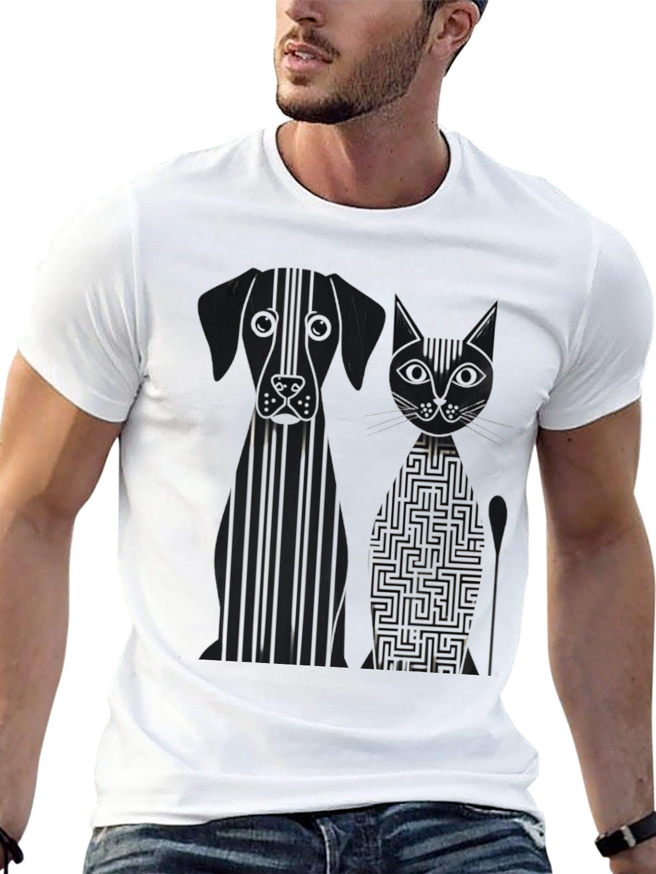 Dog and Cat Geometric Graphic Black T-Shirt