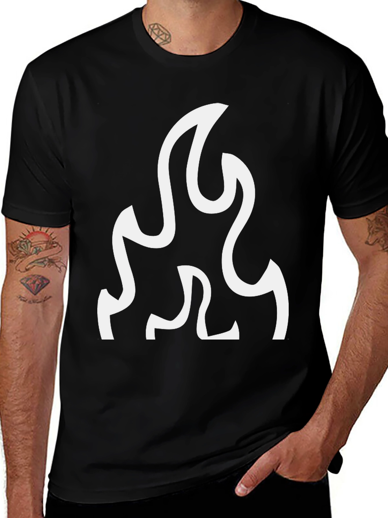 Black T-Shirt with White Flame Graphic