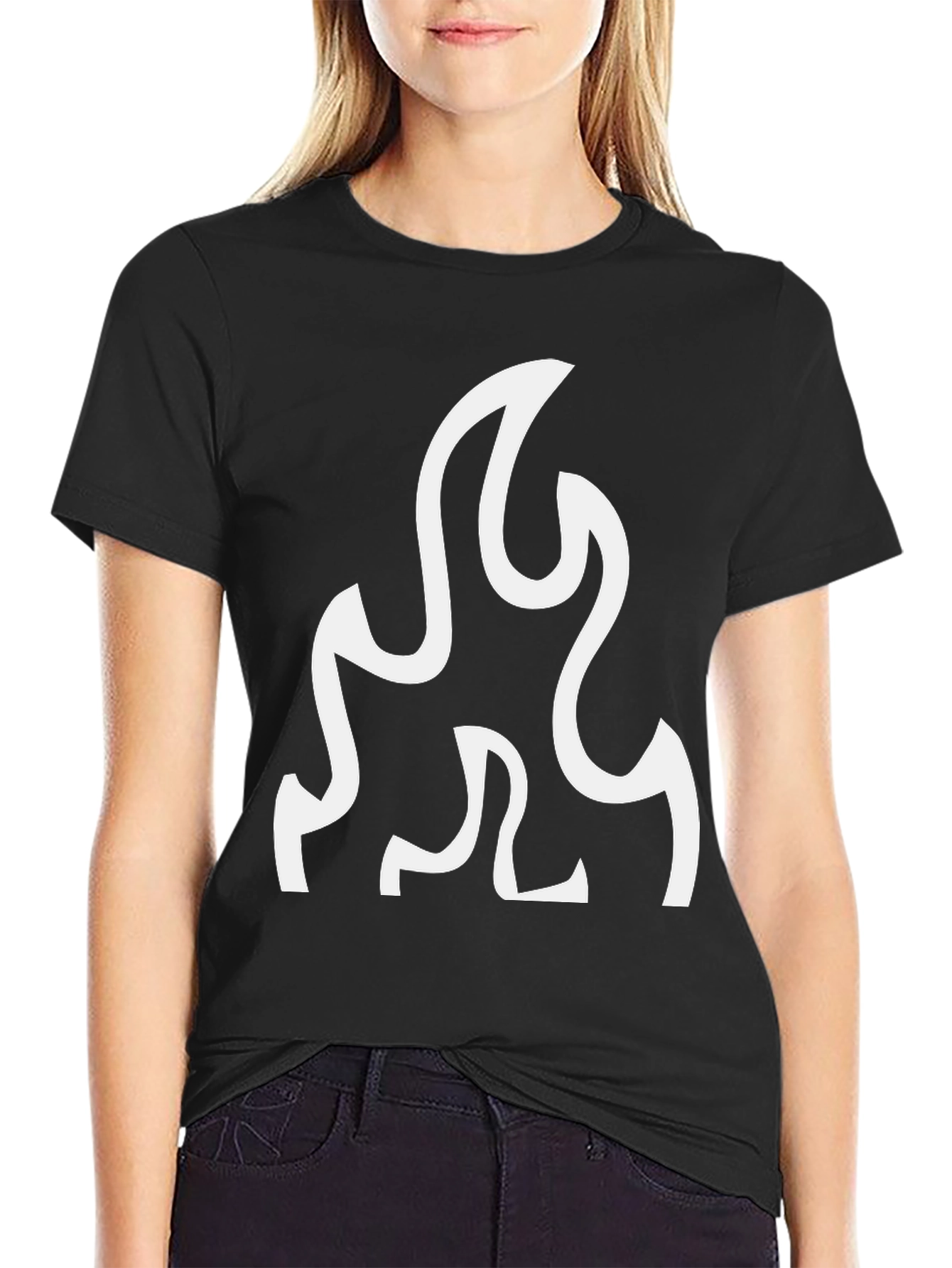 Black T-Shirt with White Flame Graphic