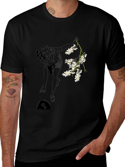 Vintage Bowler Tee with Floral Accent - Unisex Black T-Shirt