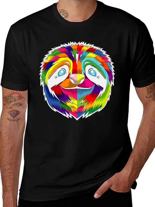 Rainbow Sloth Graphic Tee - Black Cotton T-Shirt