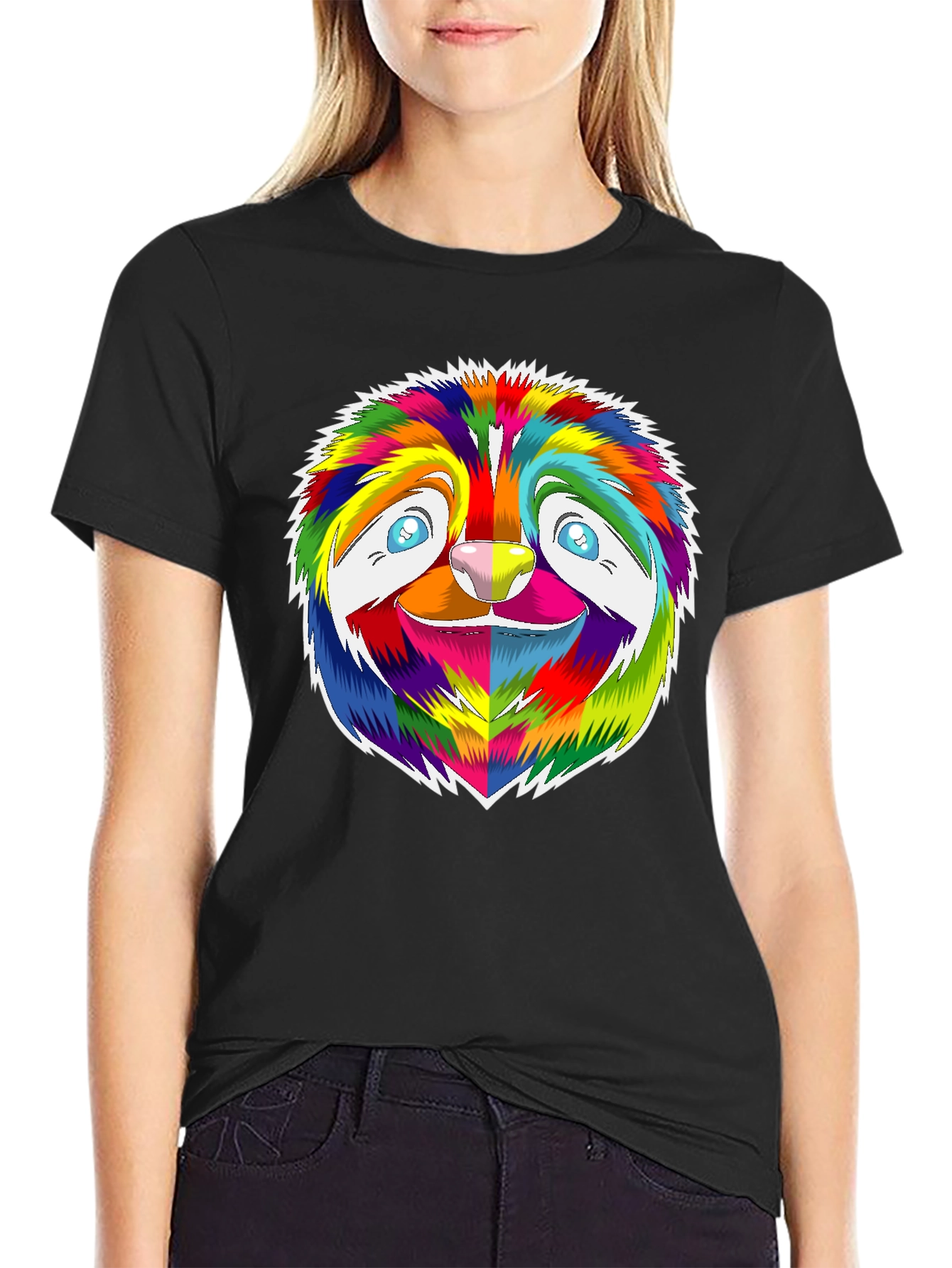 Rainbow Sloth Graphic Tee - Black Cotton T-Shirt