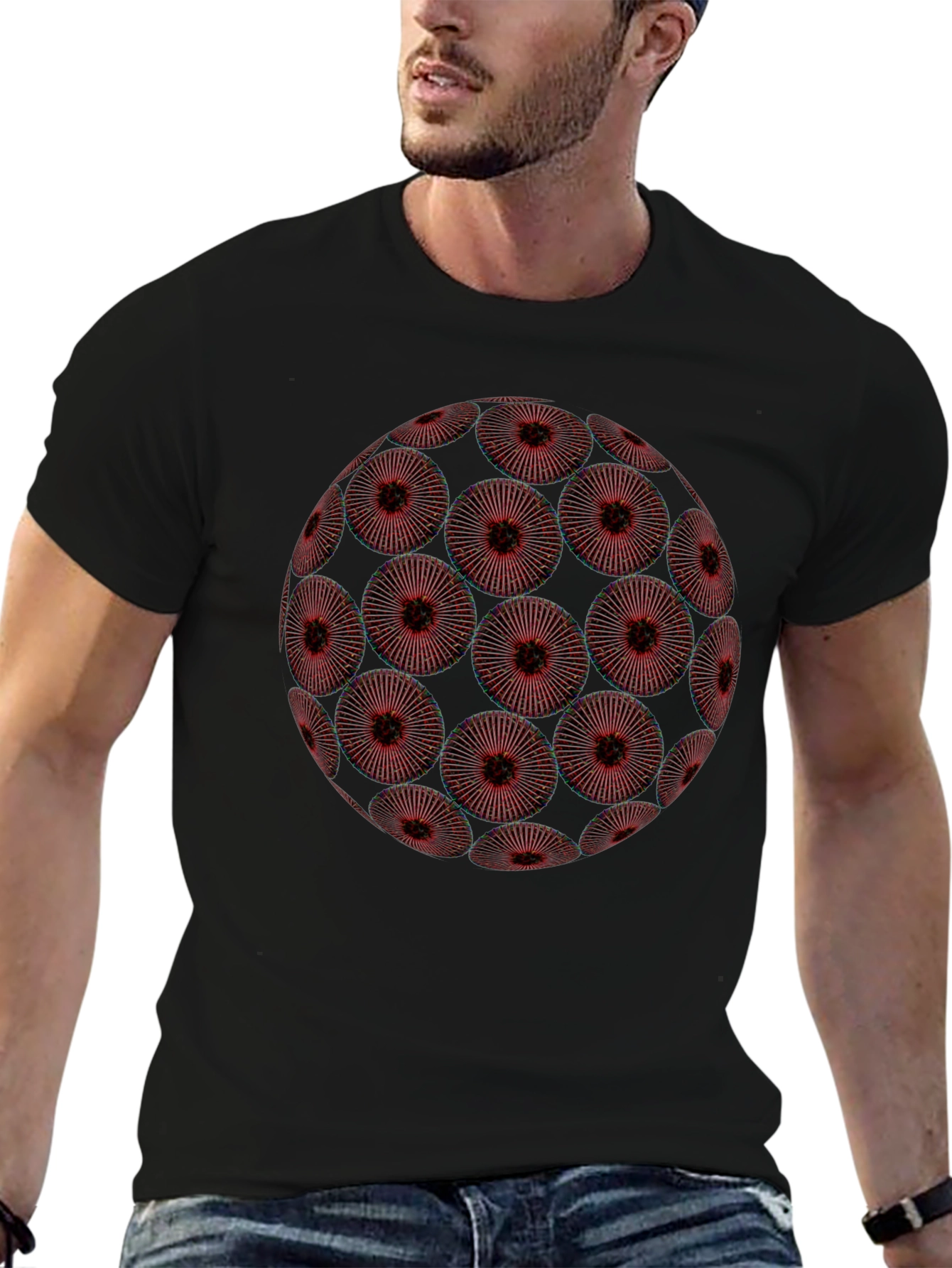 Abstract Red Floral Orb Graphic Black T-Shirt