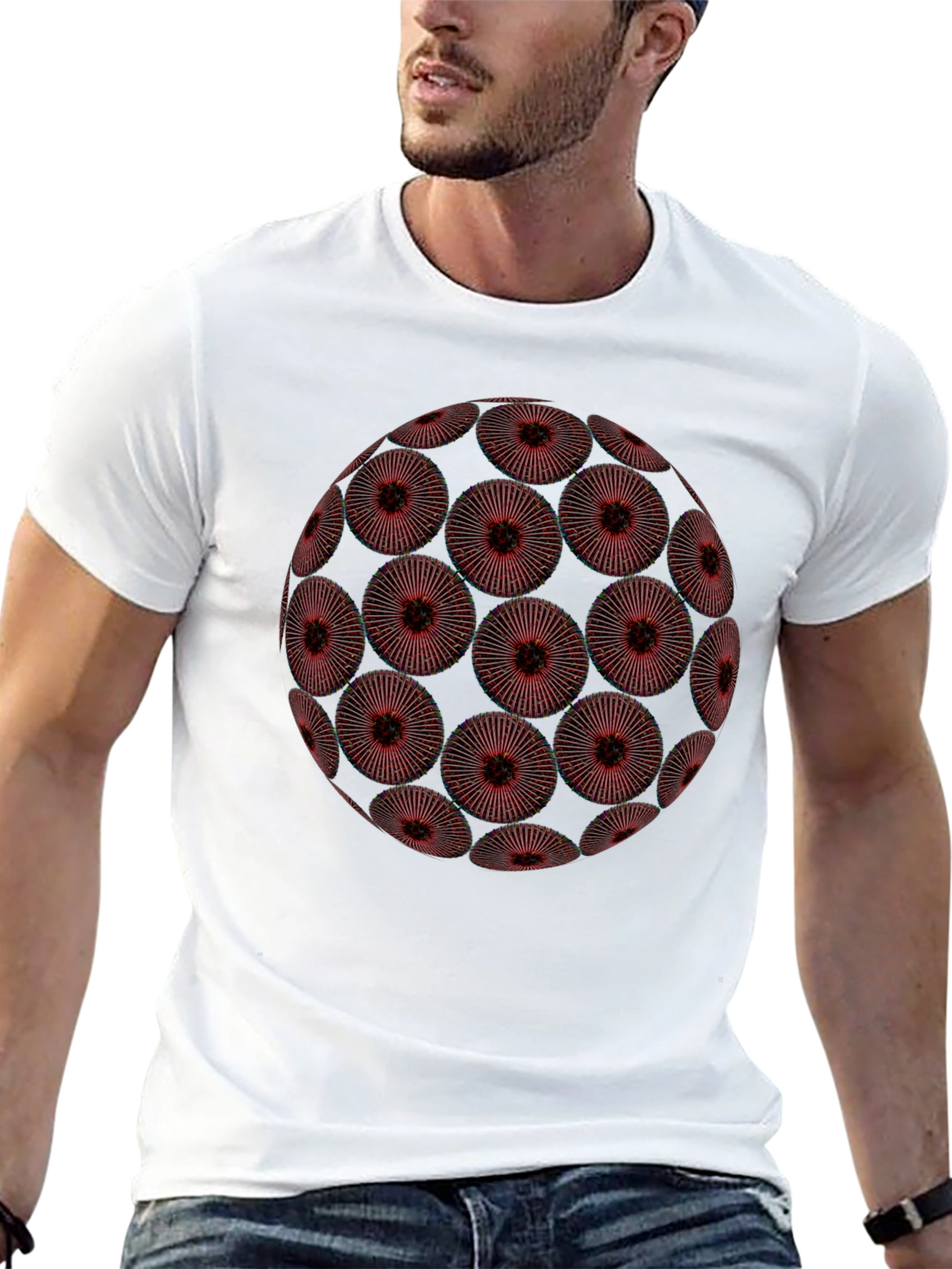 Abstract Red Floral Orb Graphic Black T-Shirt