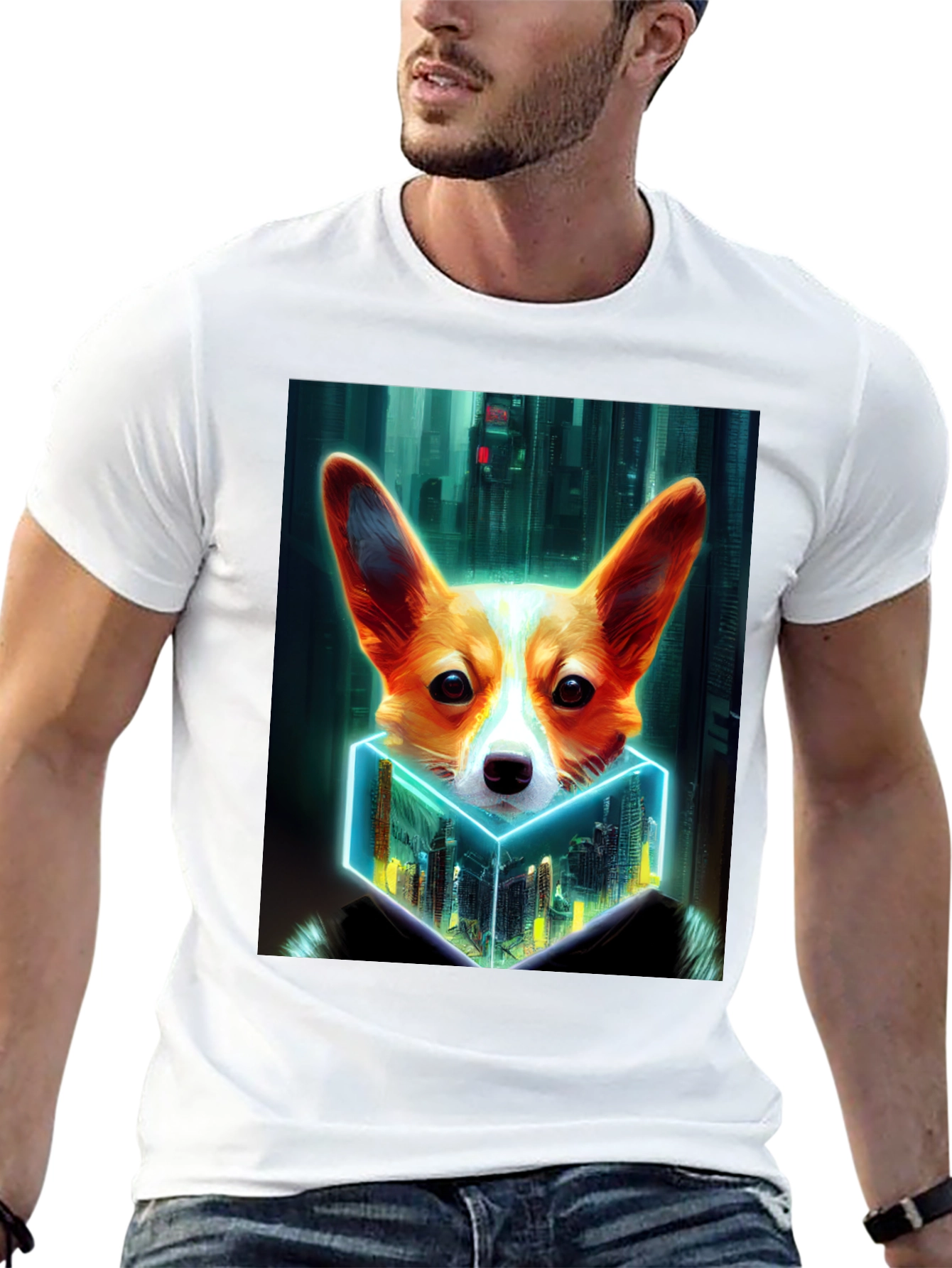 Cyberpunk Corgi Cityscape Graphic Tee