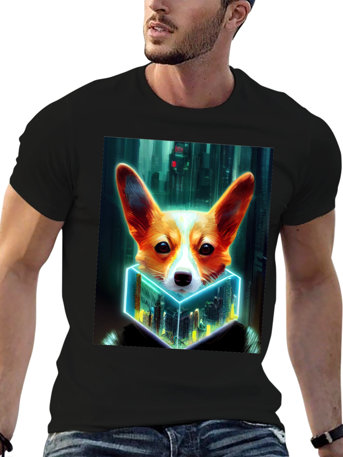 Cyberpunk Corgi Cityscape Graphic Tee
