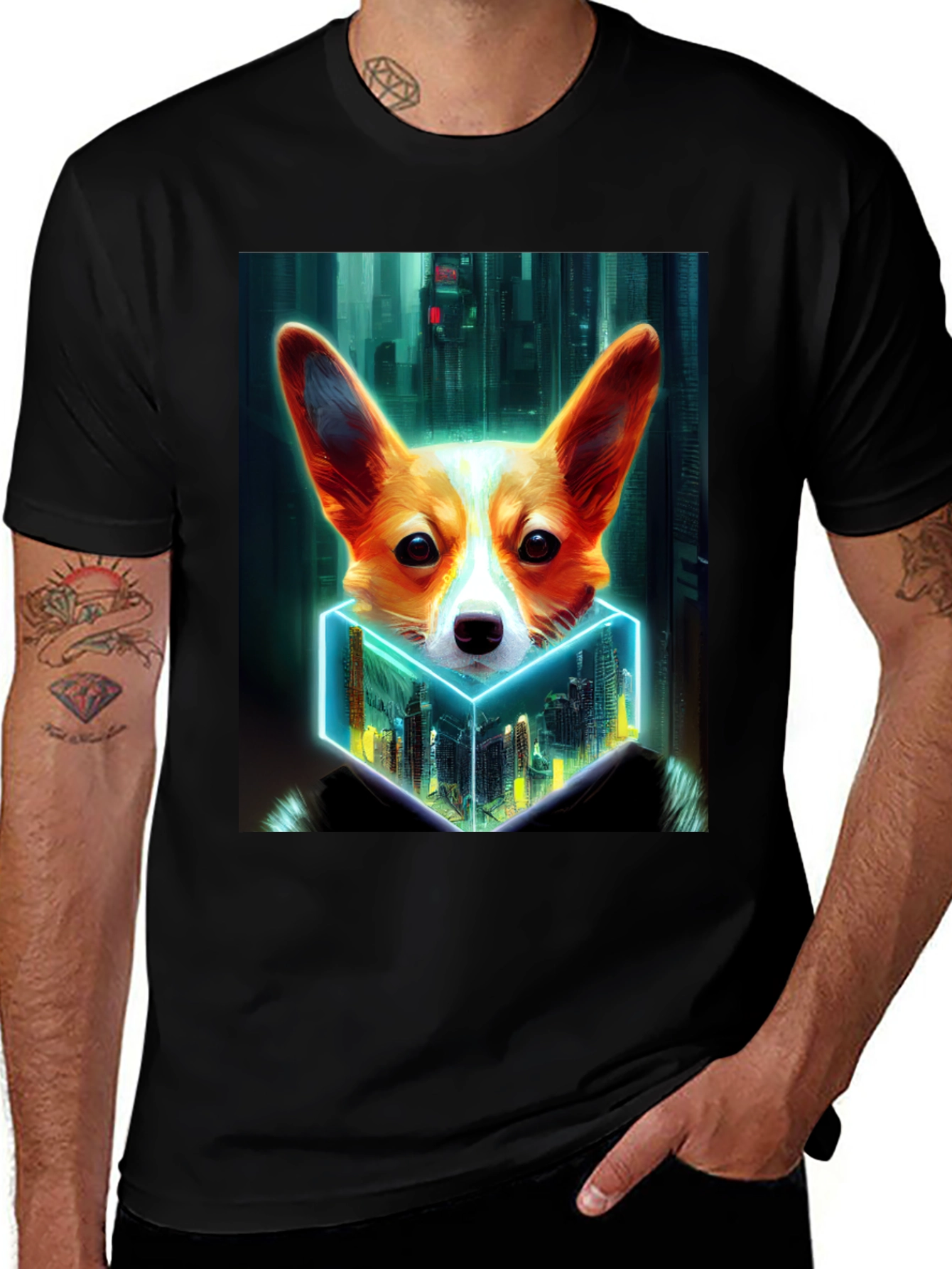 Cyberpunk Corgi Cityscape Graphic Tee