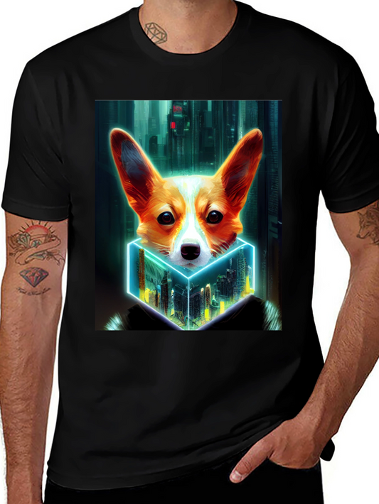 Cyberpunk Corgi Cityscape Graphic Tee