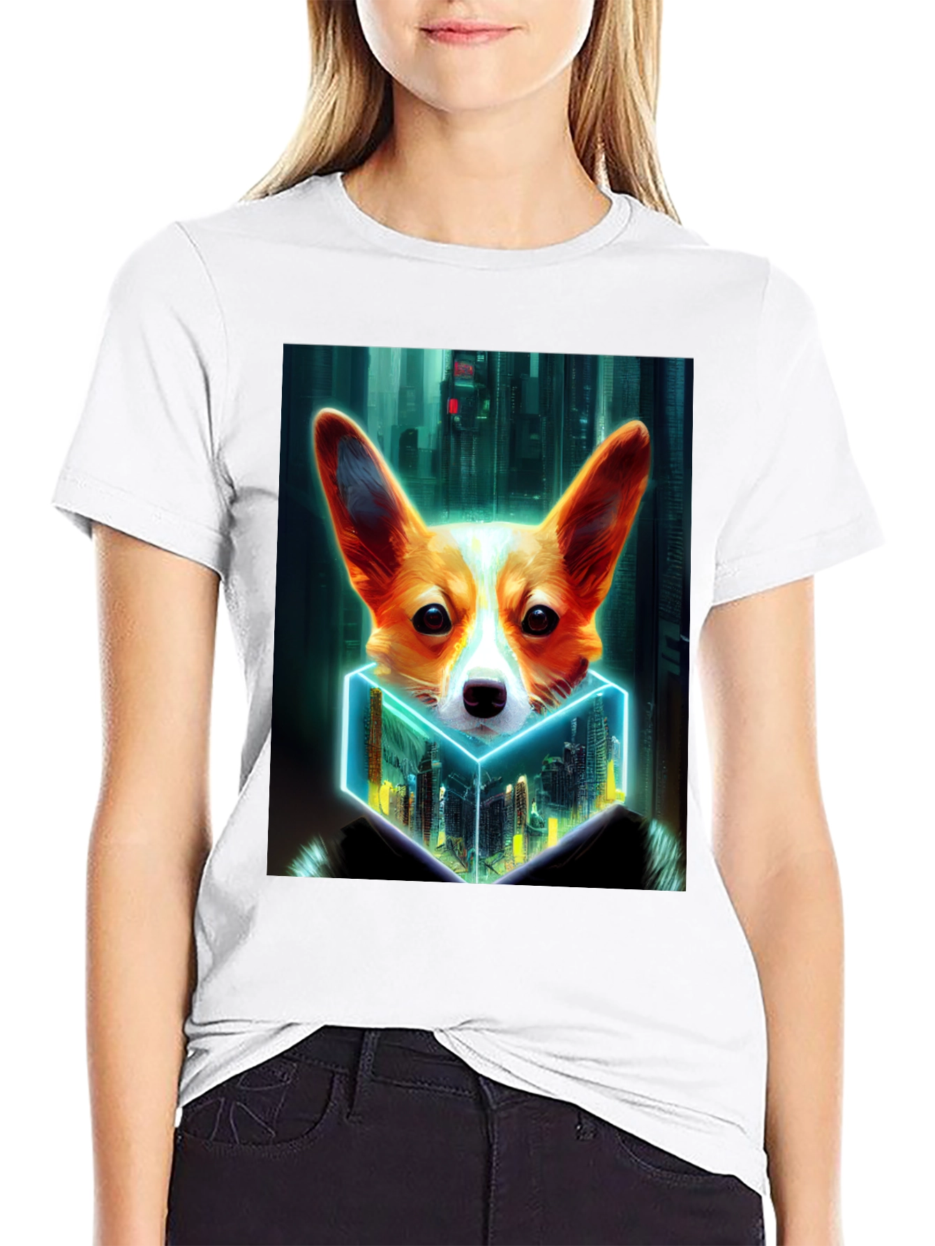 Cyberpunk Corgi Cityscape Graphic Tee