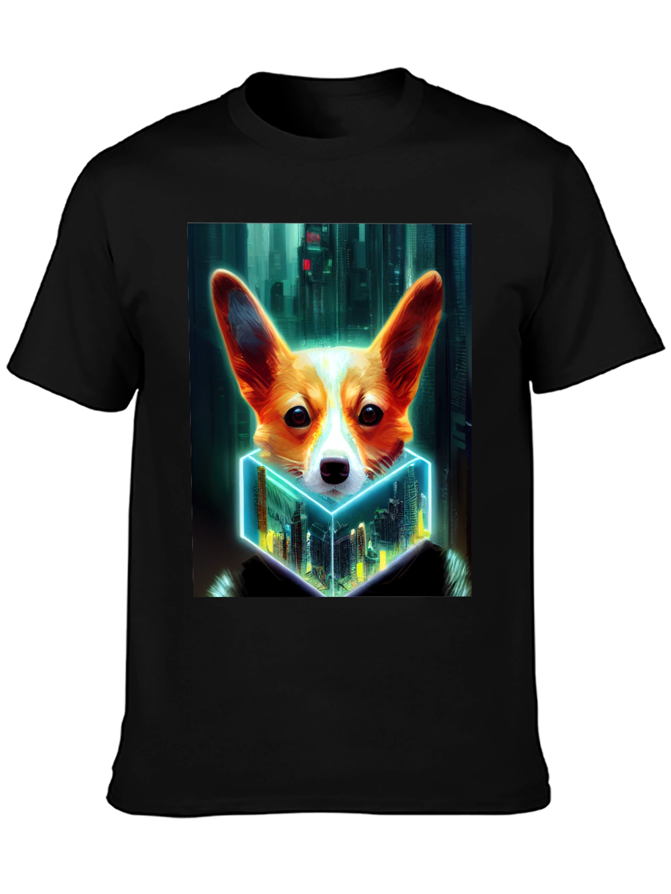 Cyberpunk Corgi Cityscape Graphic Tee