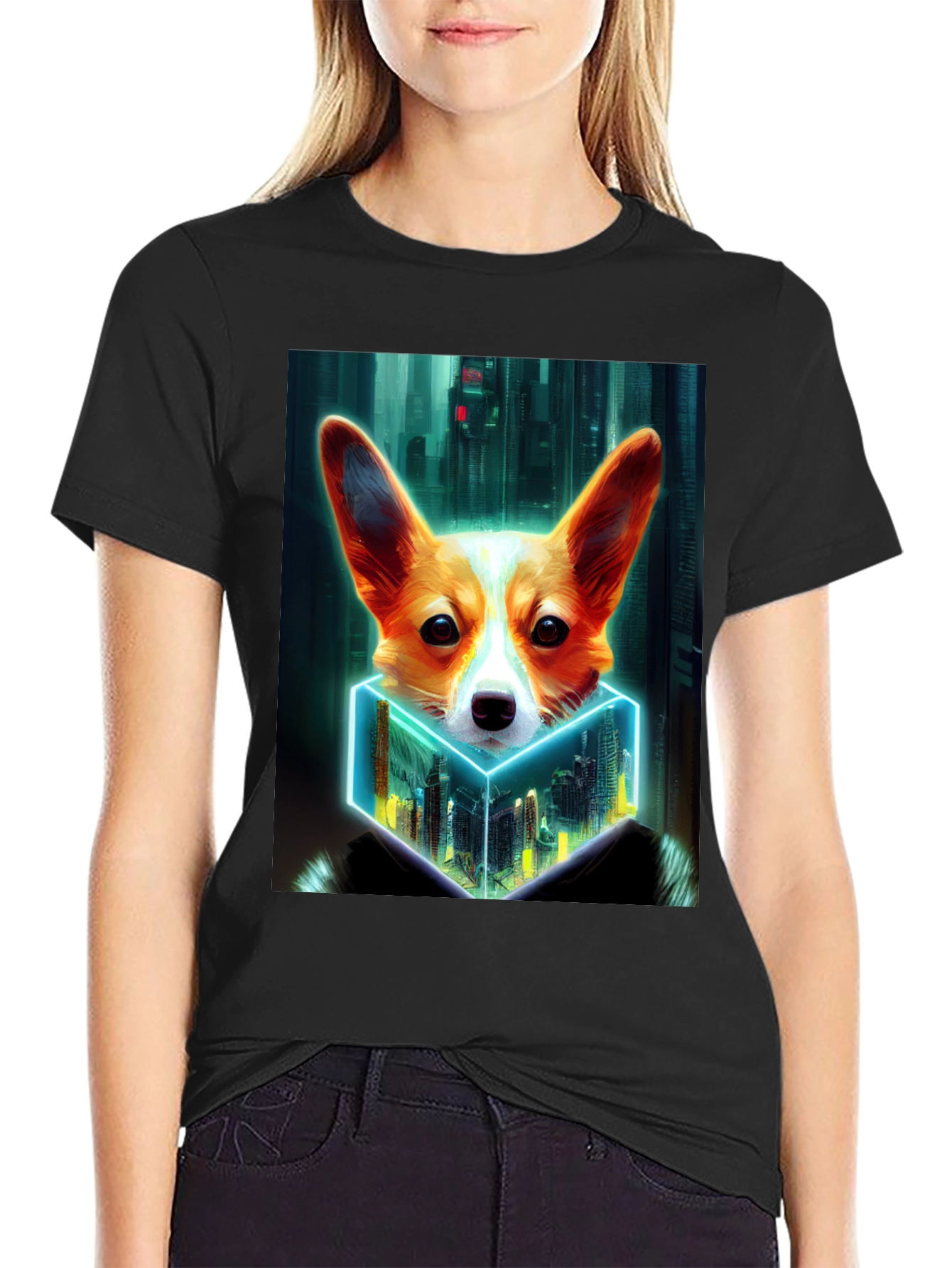 Cyberpunk Corgi Cityscape Graphic Tee