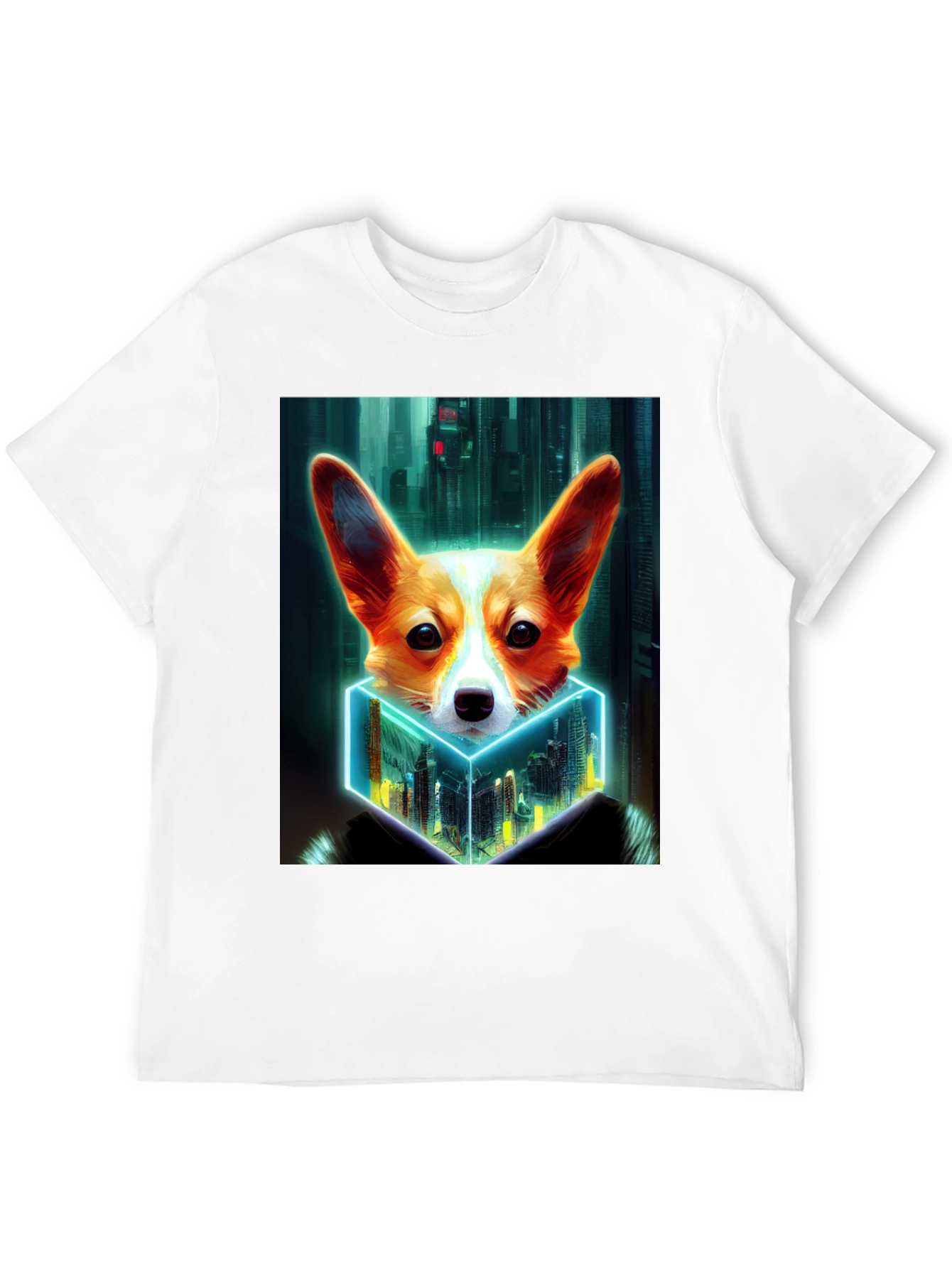 Cyberpunk Corgi Cityscape Graphic Tee