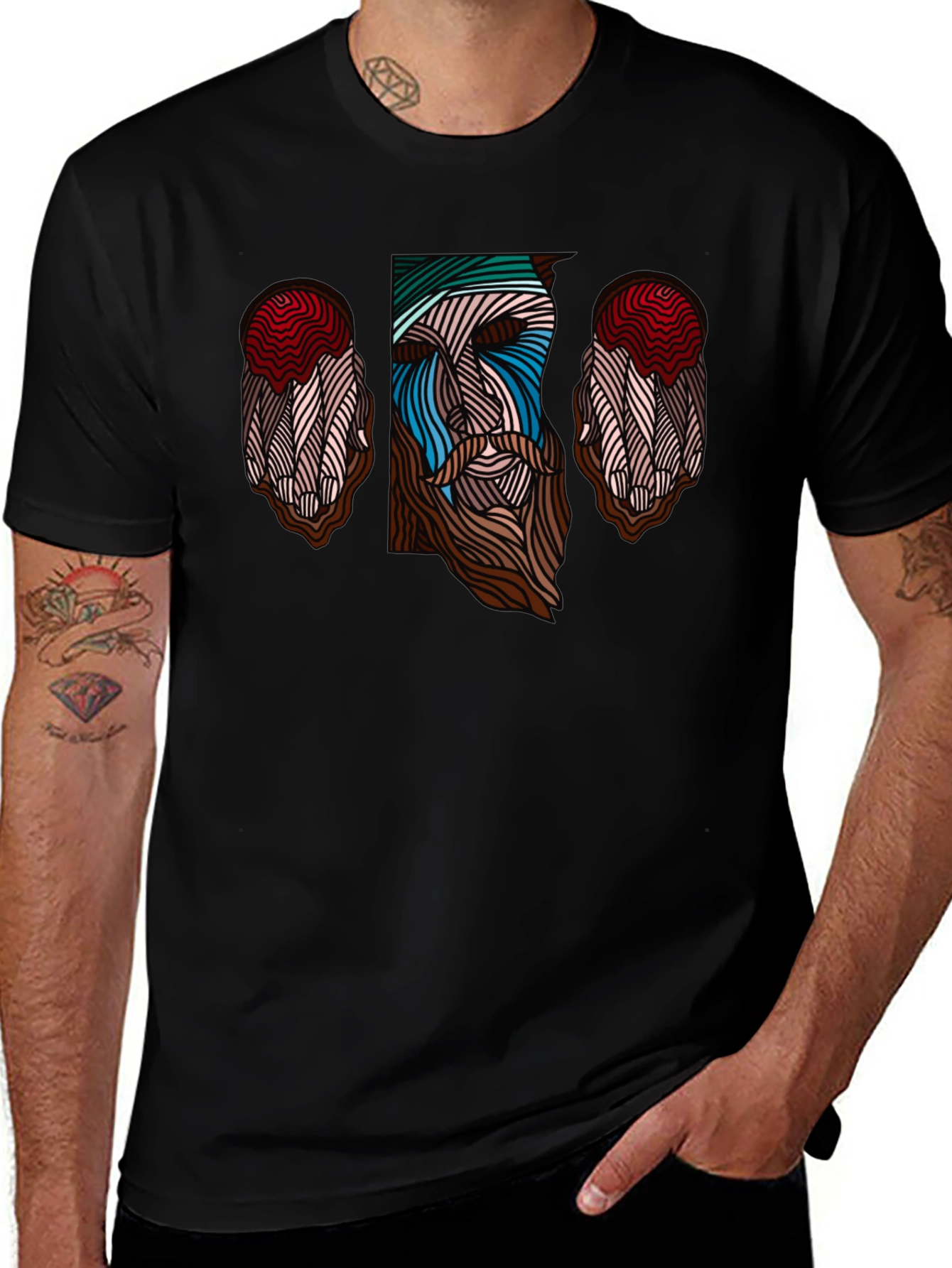 Abstract Face Graphic Tee - Stylish Mens Black T-Shirt