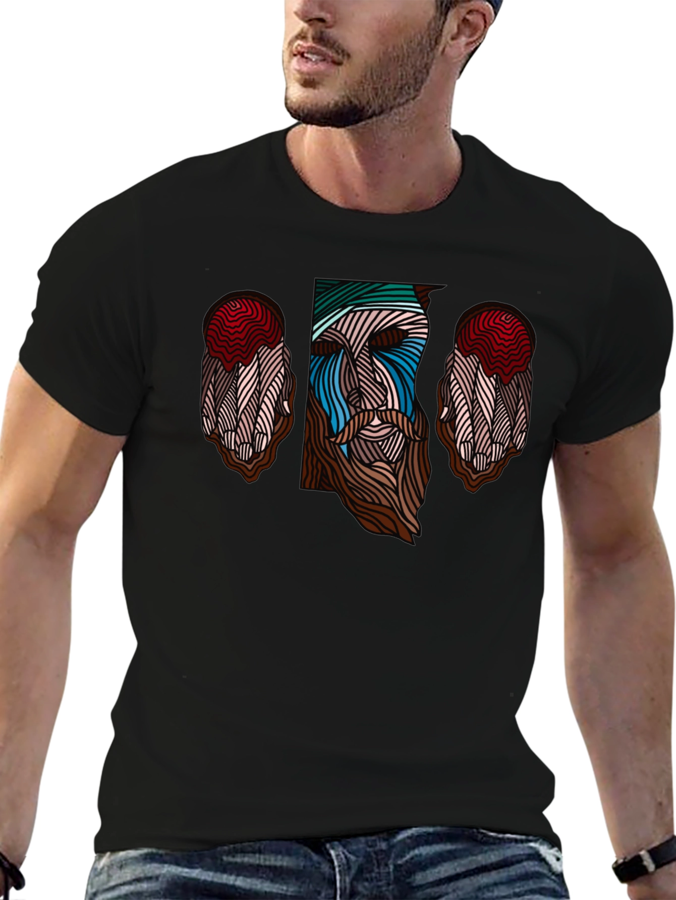 Abstract Face Graphic Tee - Stylish Mens Black T-Shirt