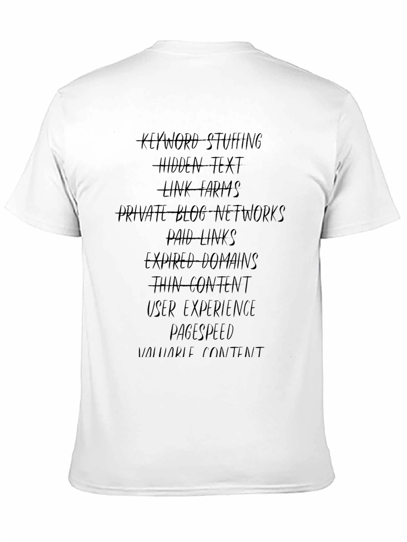 SEO T-Shirt: Keyword Stuffing & Link Farms Warning