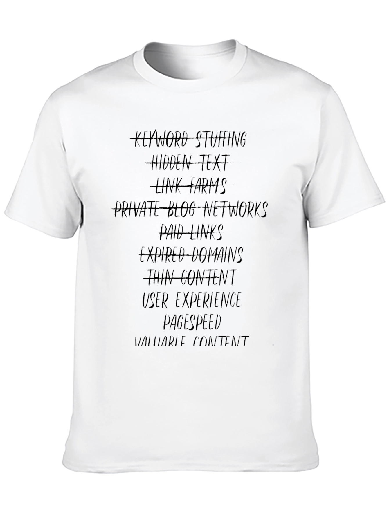 SEO T-Shirt: Keyword Stuffing & Link Farms Warning