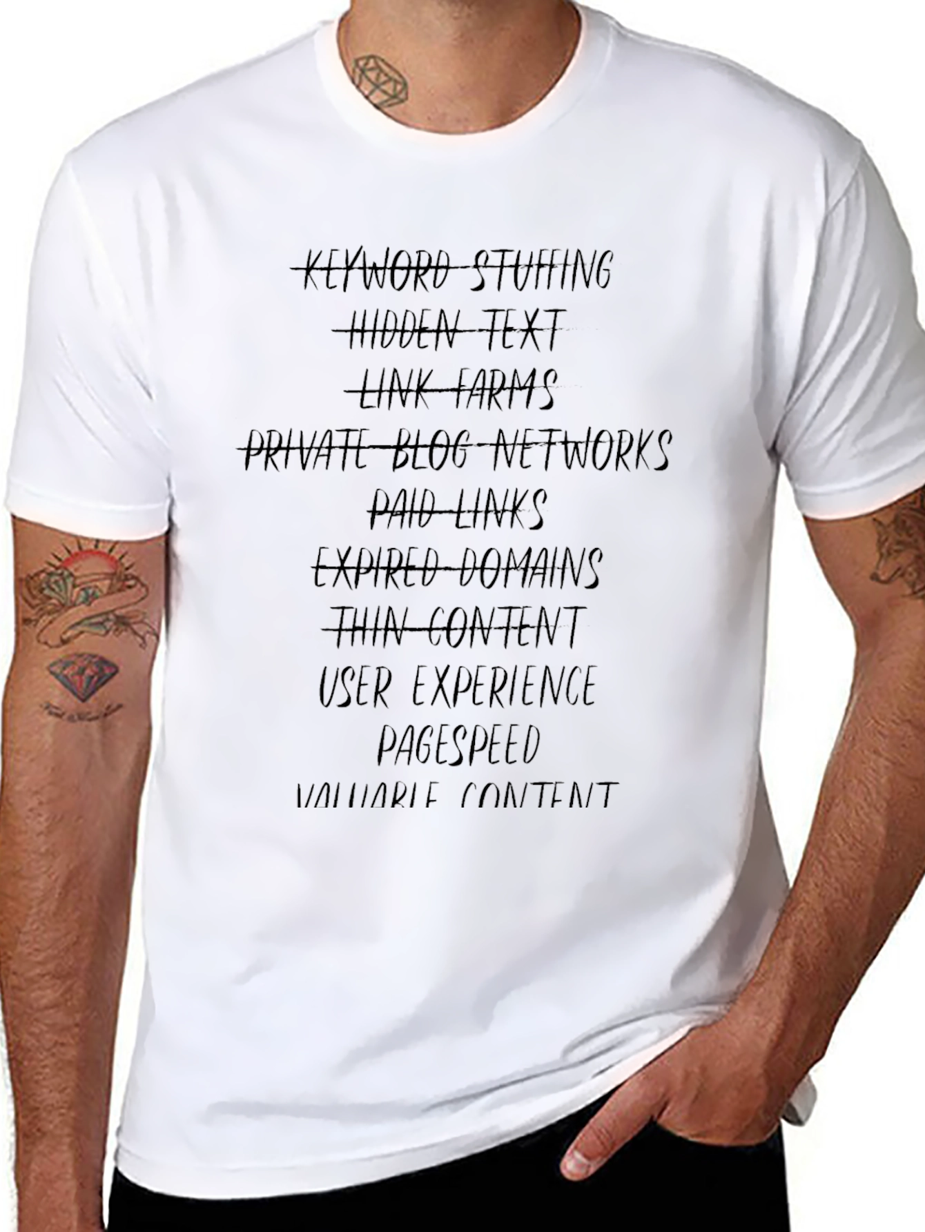 SEO T-Shirt: Keyword Stuffing & Link Farms Warning