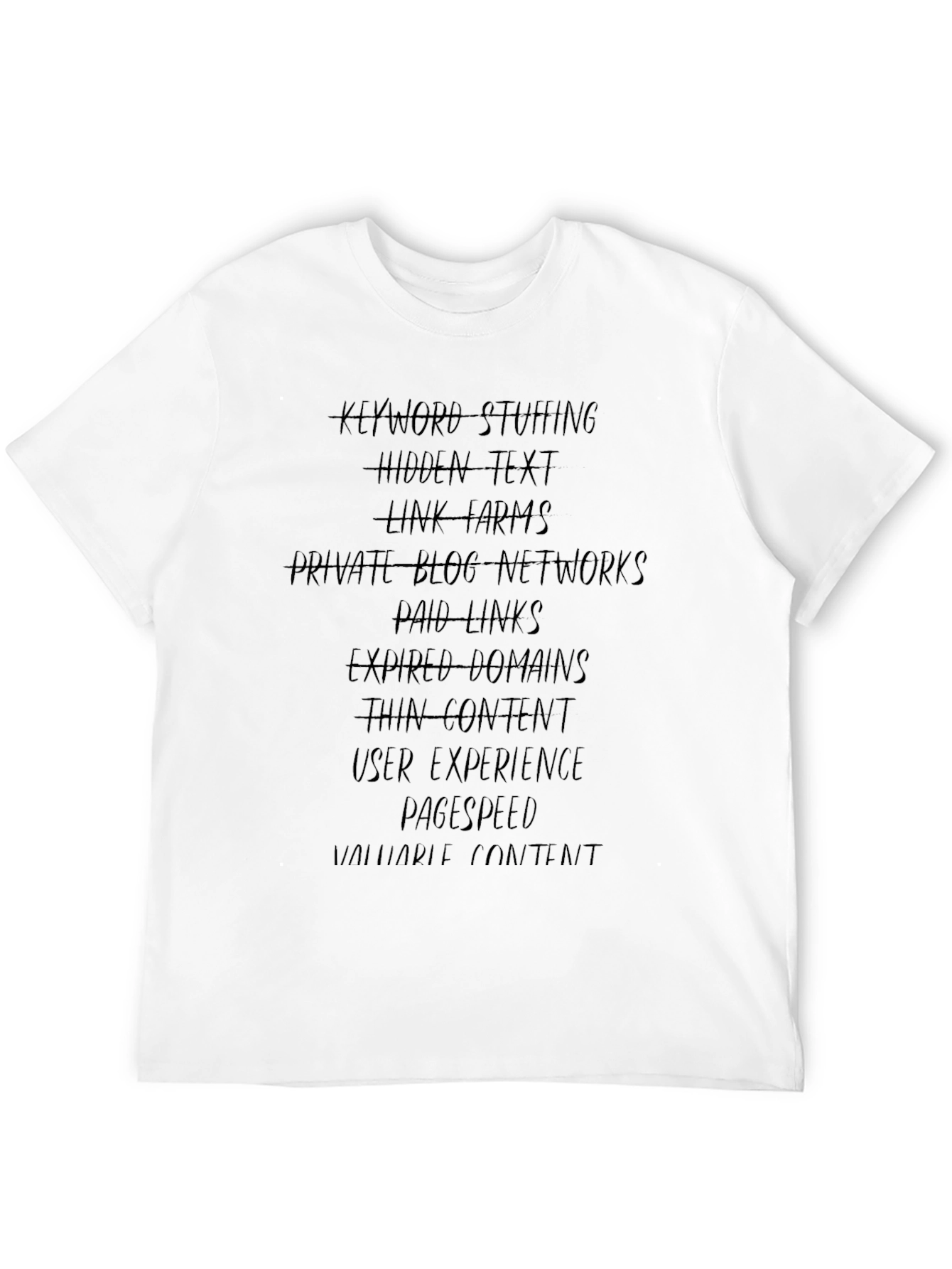 SEO T-Shirt: Keyword Stuffing & Link Farms Warning