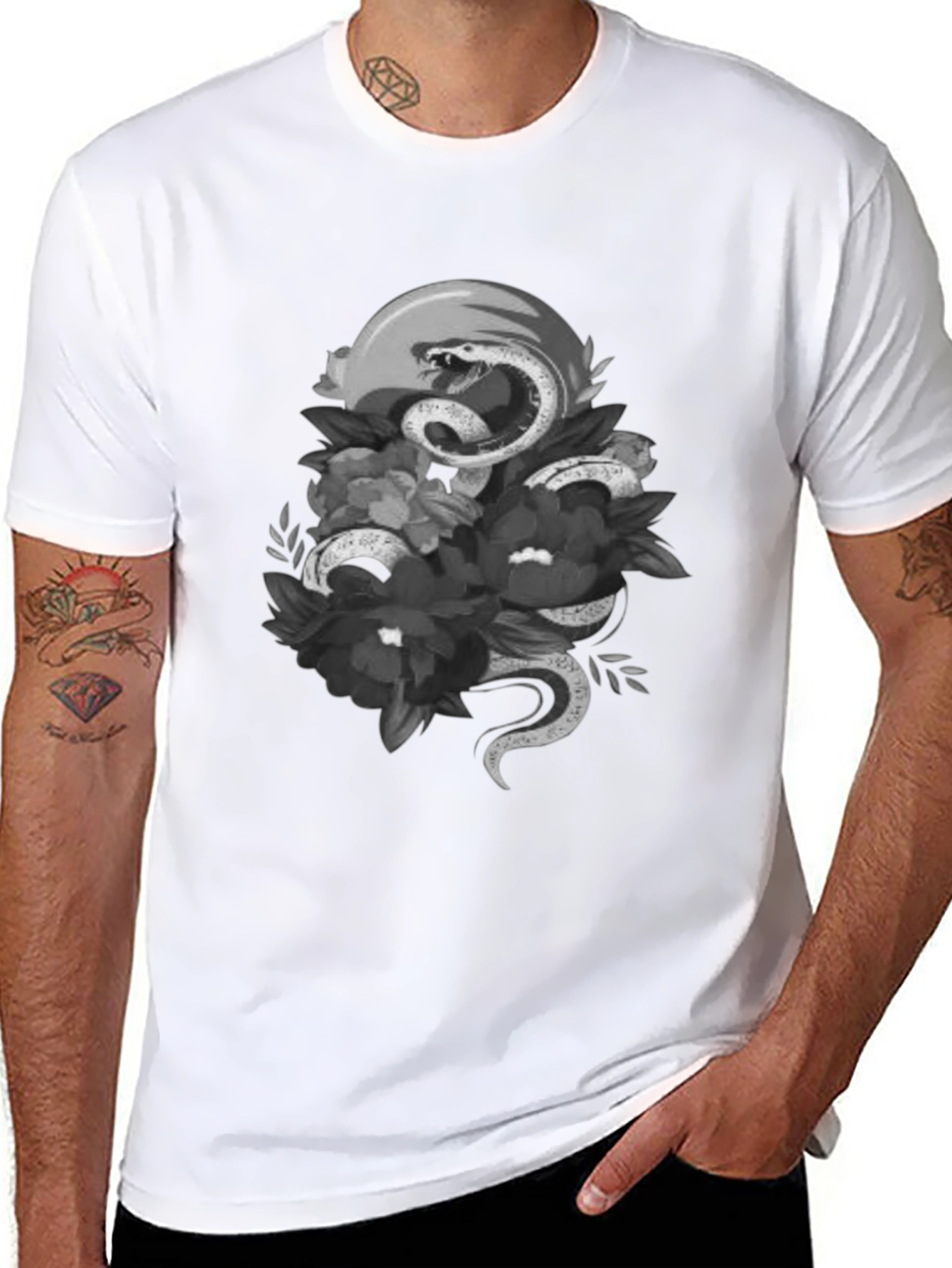 Snake & Floral Graphic Tee - Unique Design
