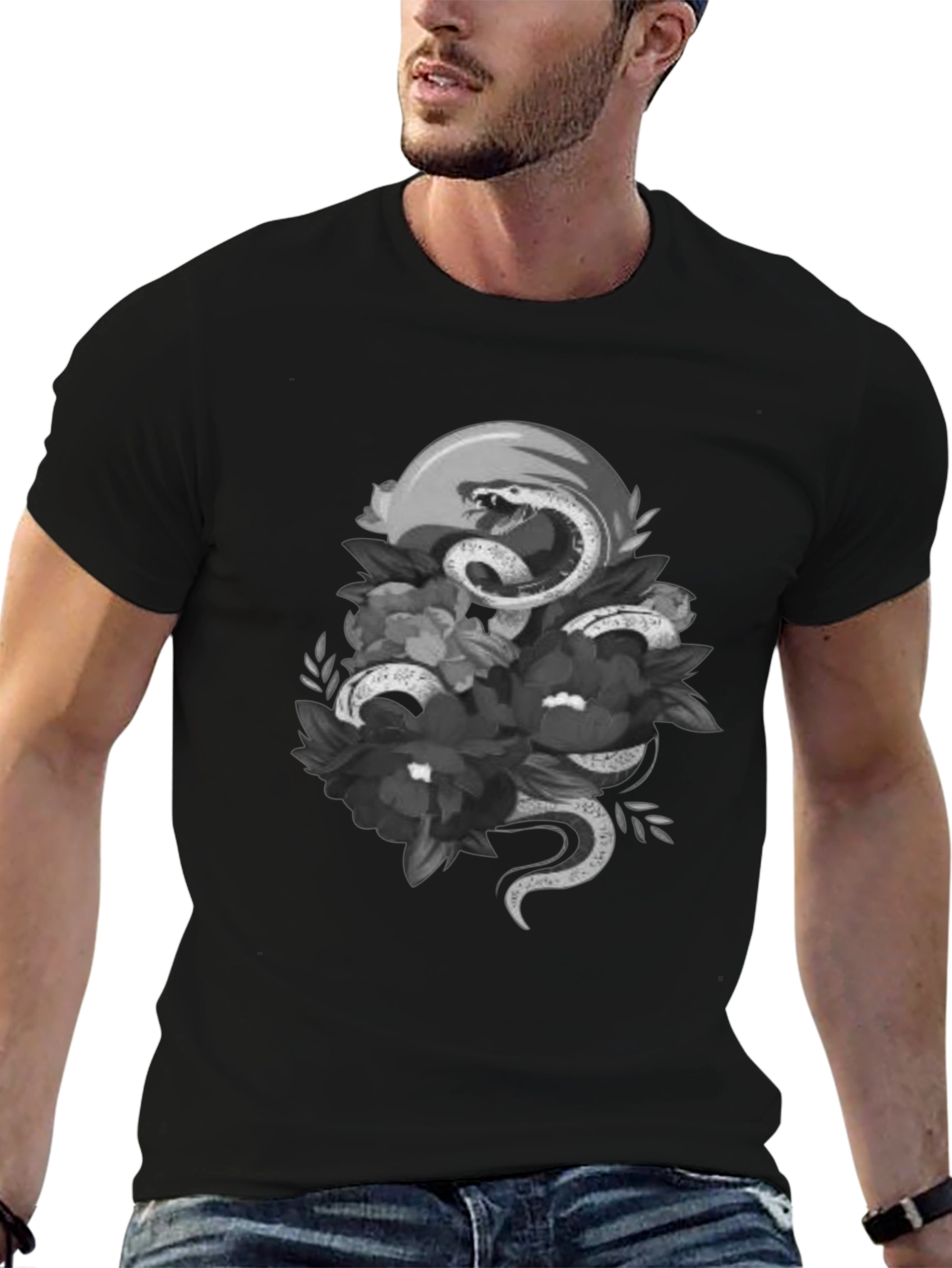 Snake & Floral Graphic Tee - Unique Design