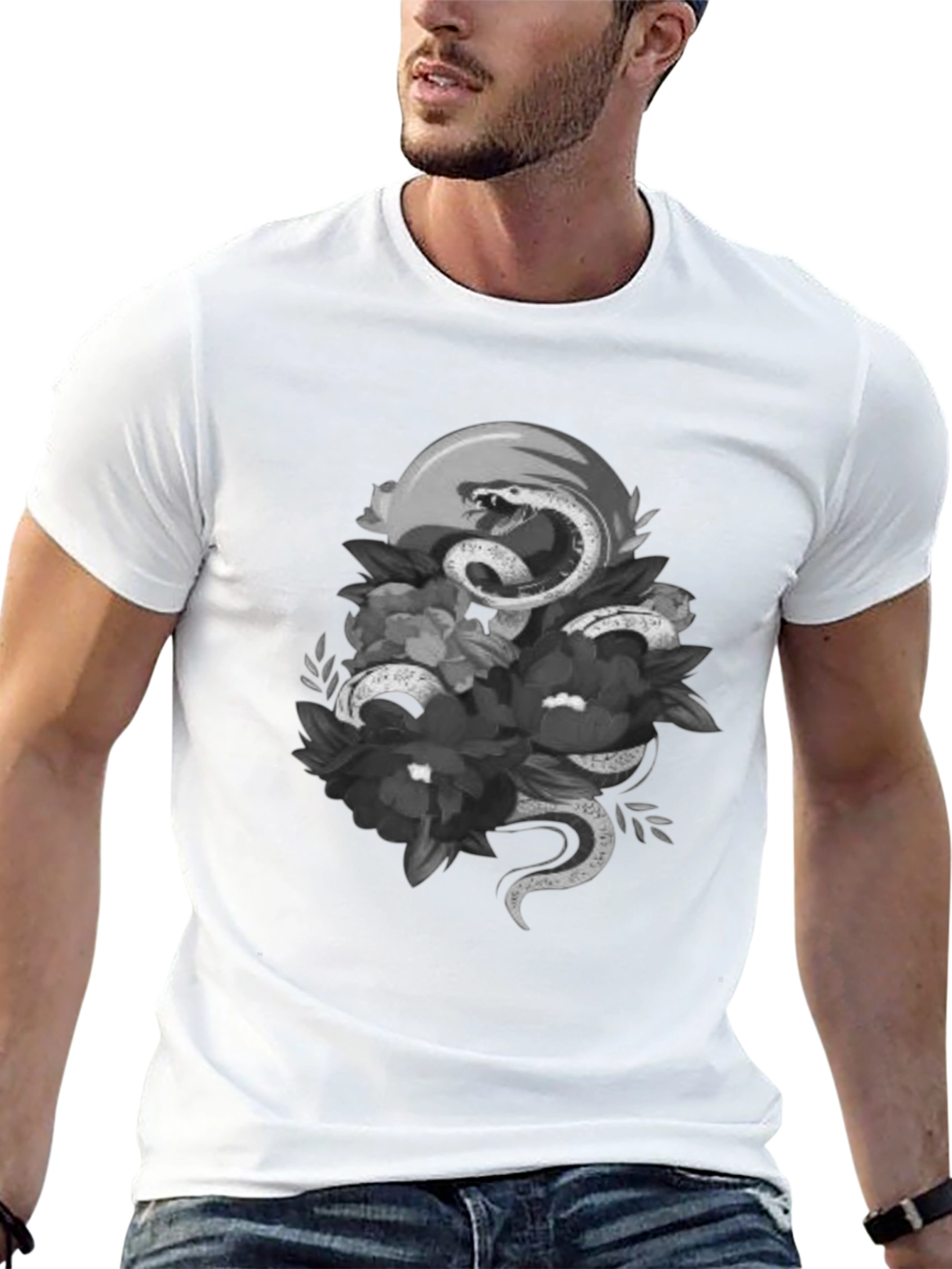 Snake & Floral Graphic Tee - Unique Design