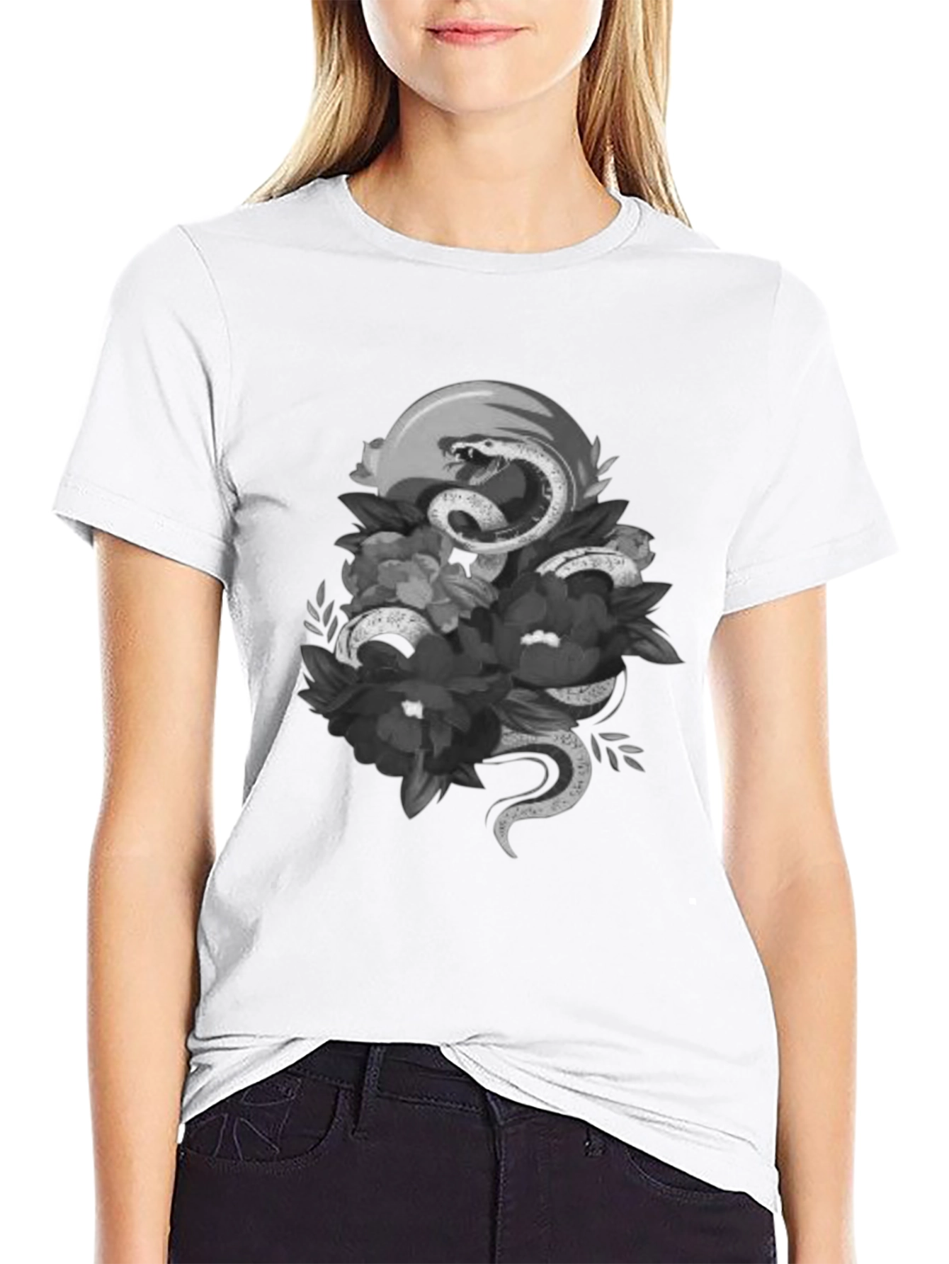 Snake & Floral Graphic Tee - Unique Design