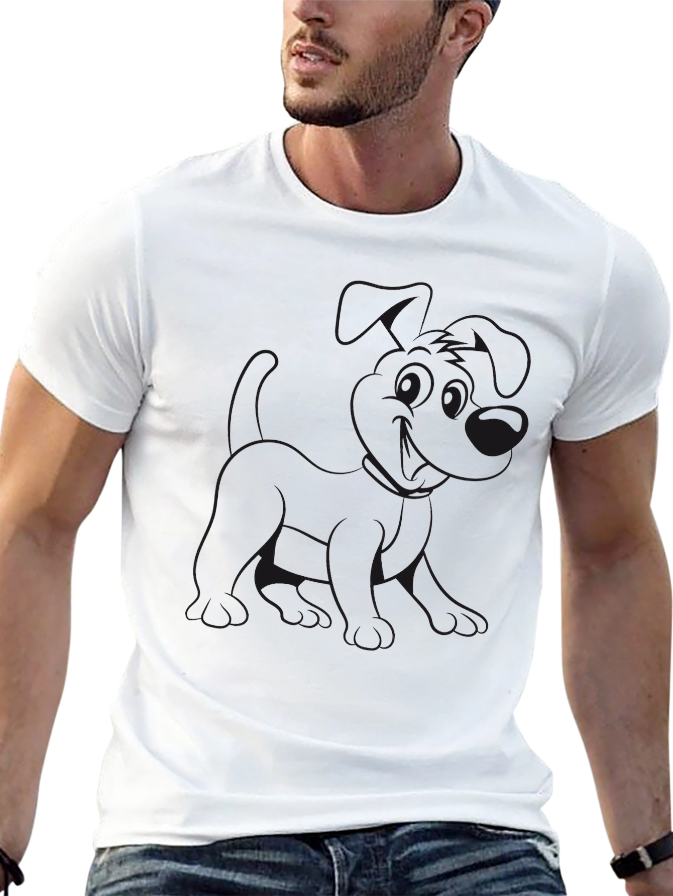 Black Crew Neck T-Shirt with Dog Graphic