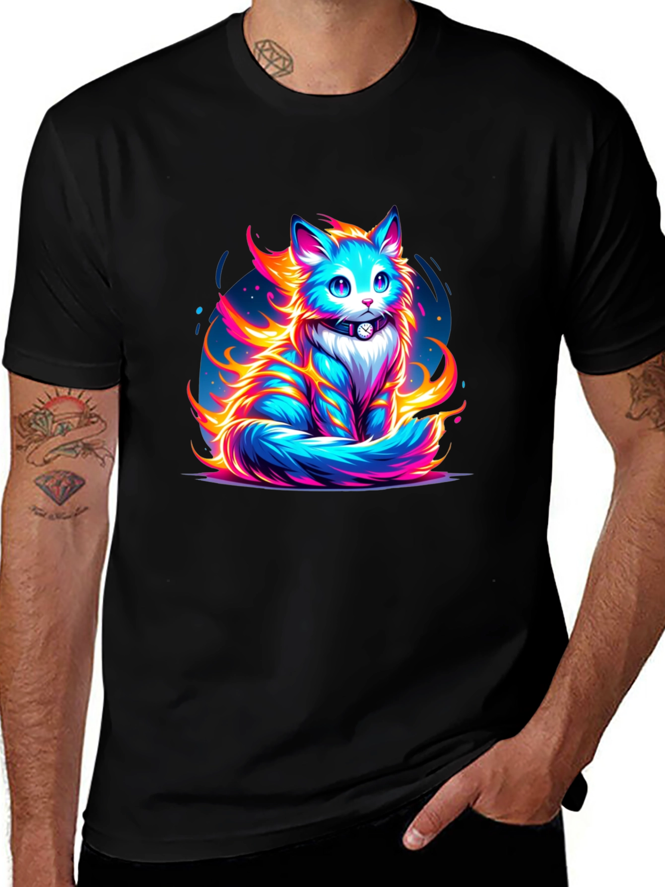 Fiery Feline Graphic Tee - Cool Cat Shirt