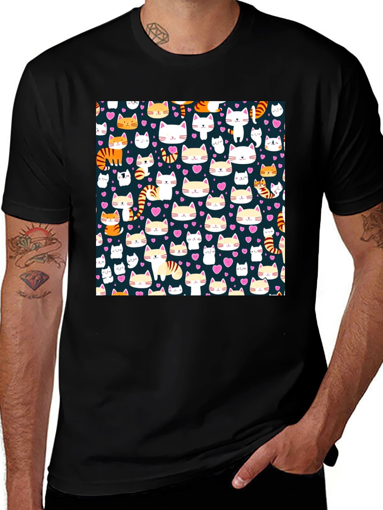 Cute Cat Pattern Black T-Shirt