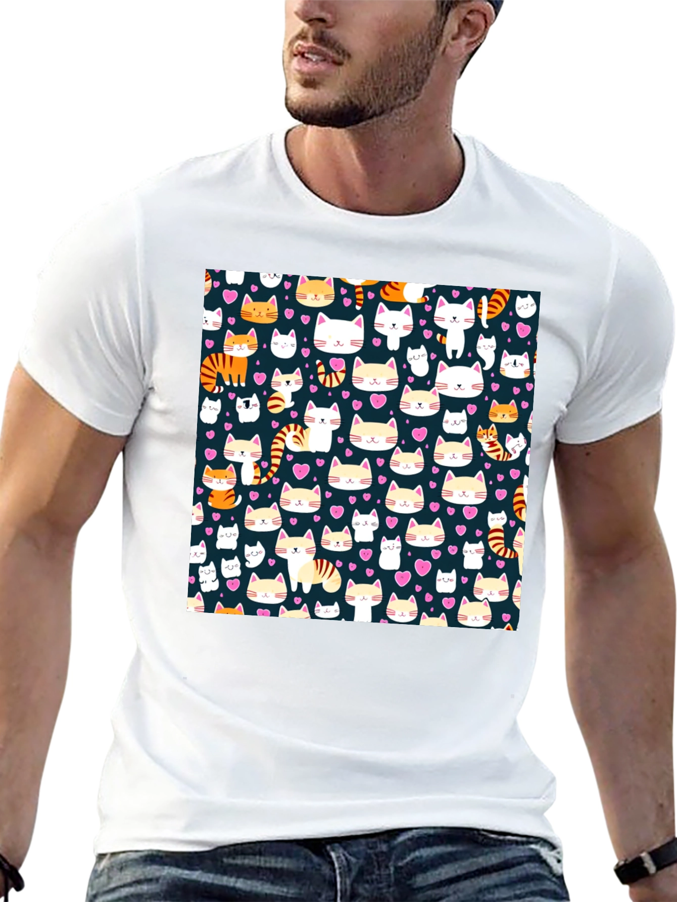 Cute Cat Pattern Black T-Shirt
