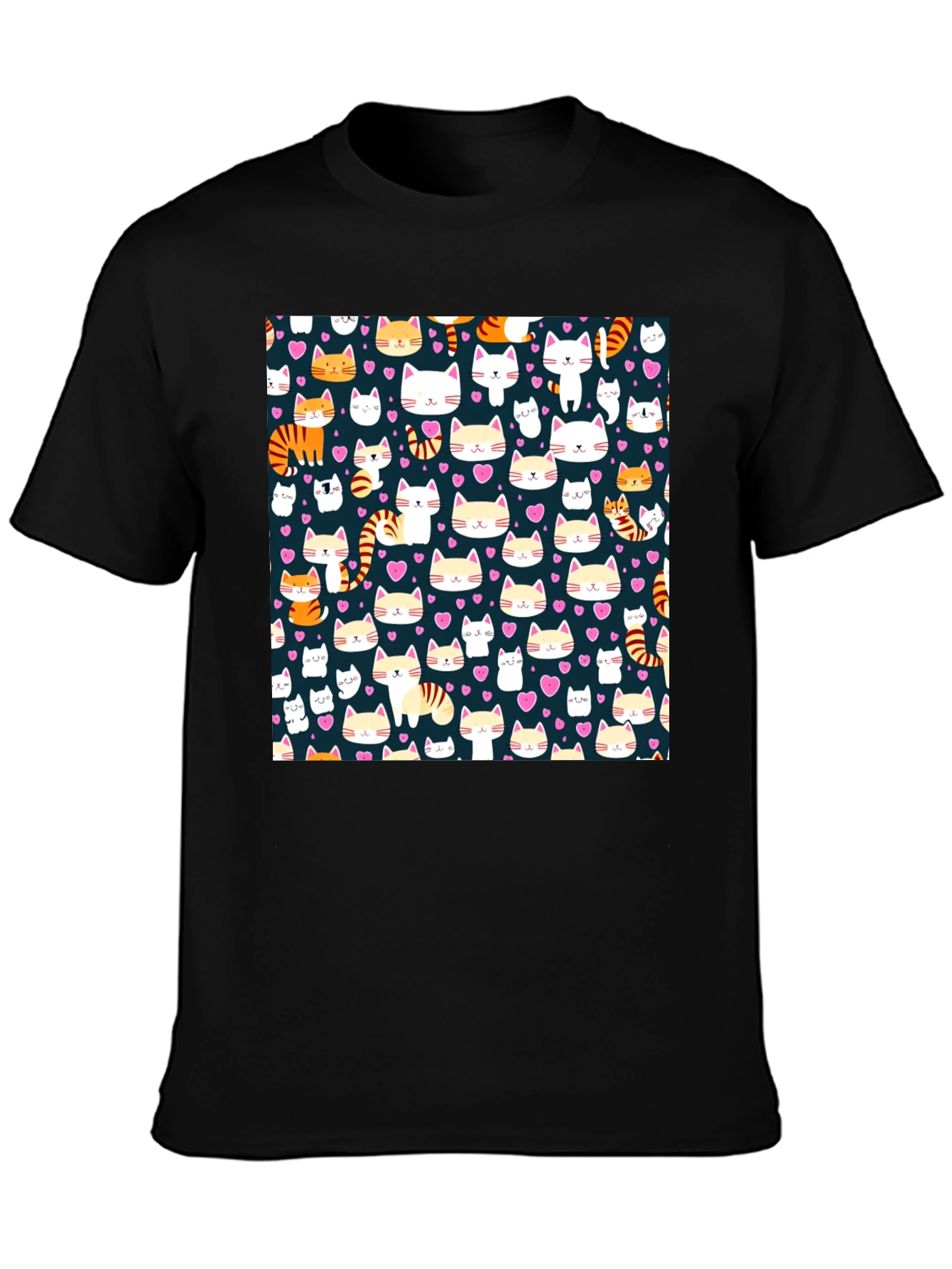 Cute Cat Pattern Black T-Shirt