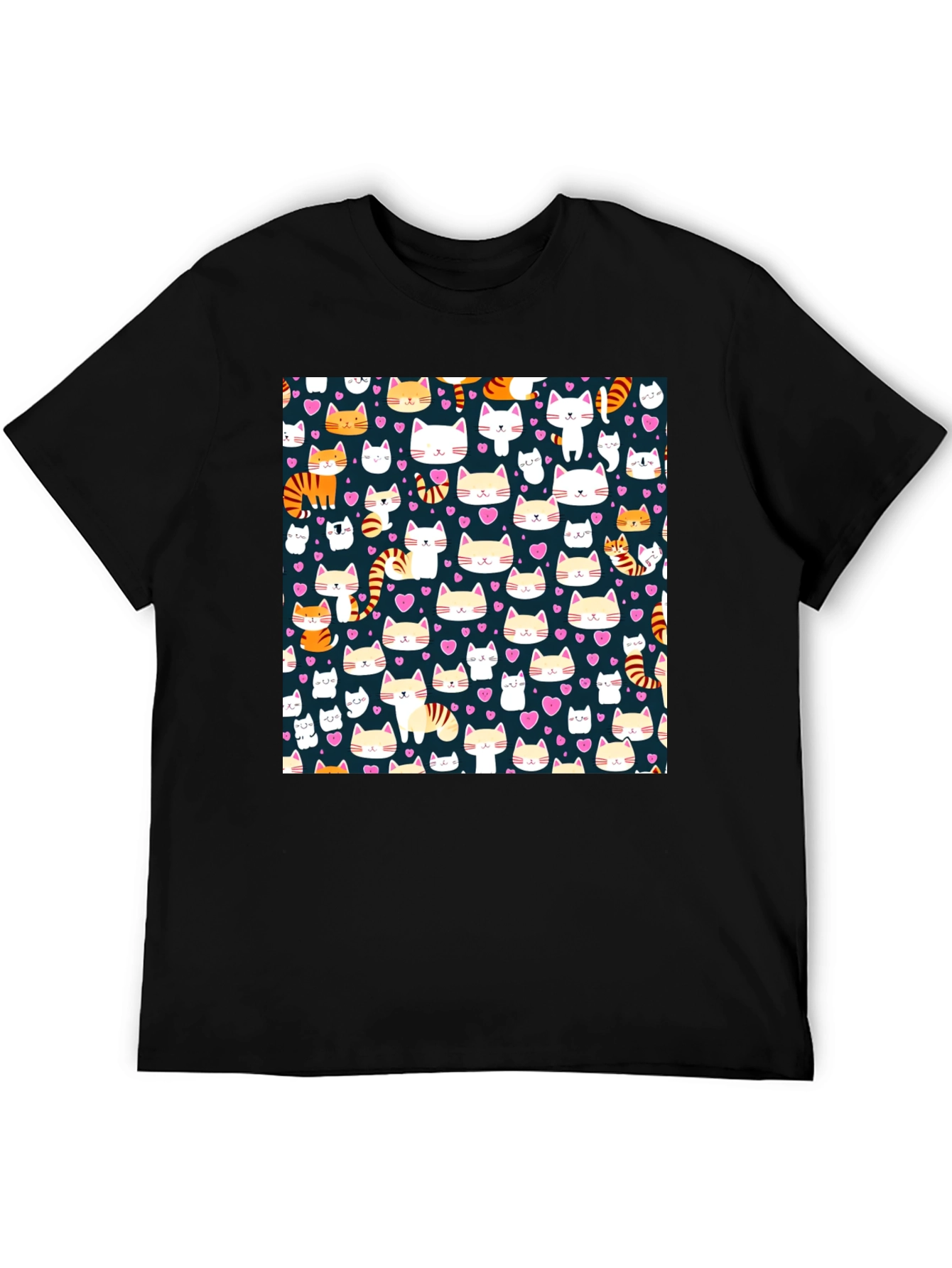 Cute Cat Pattern Black T-Shirt