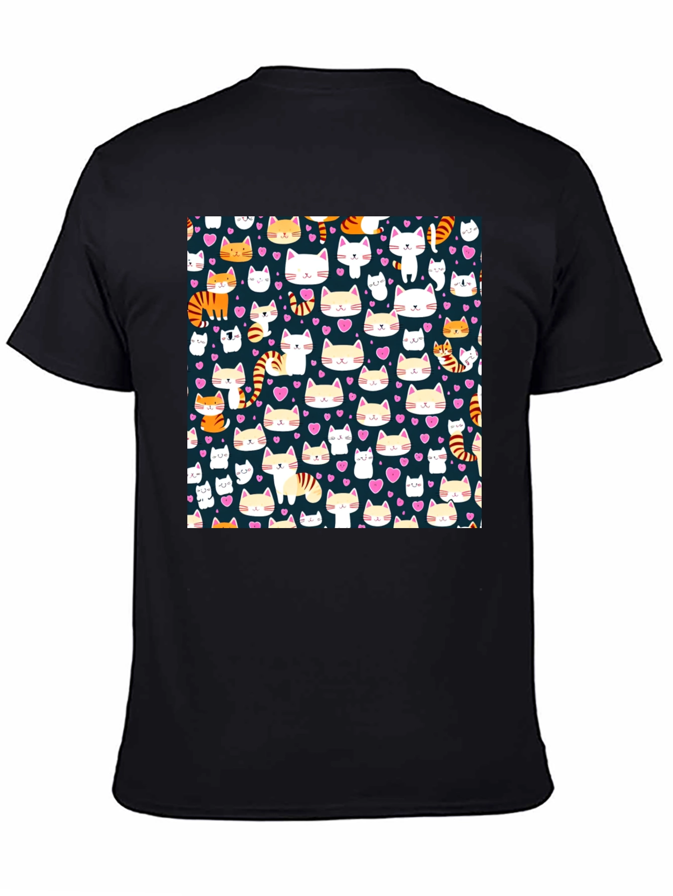 Cute Cat Pattern Black T-Shirt