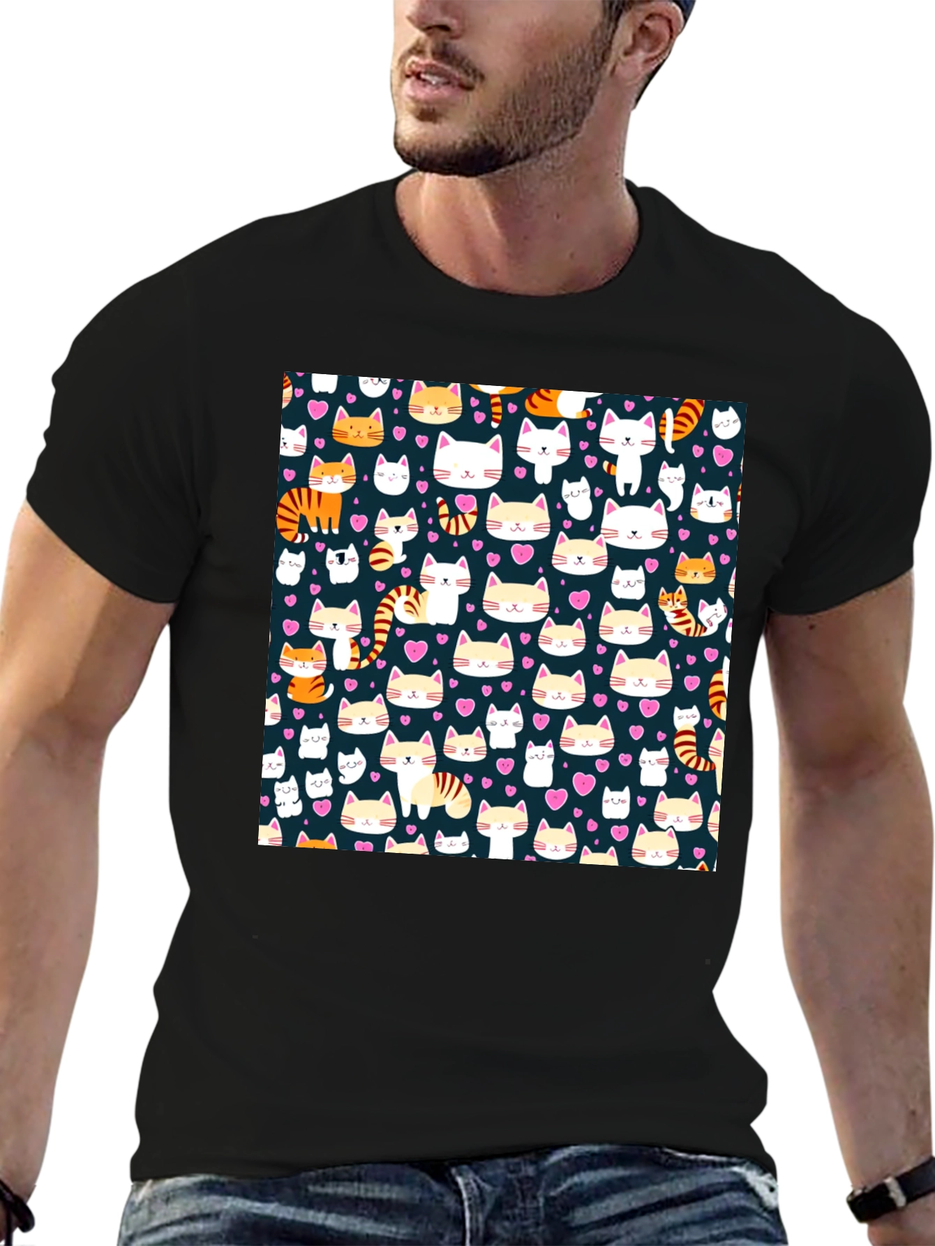 Cute Cat Pattern Black T-Shirt
