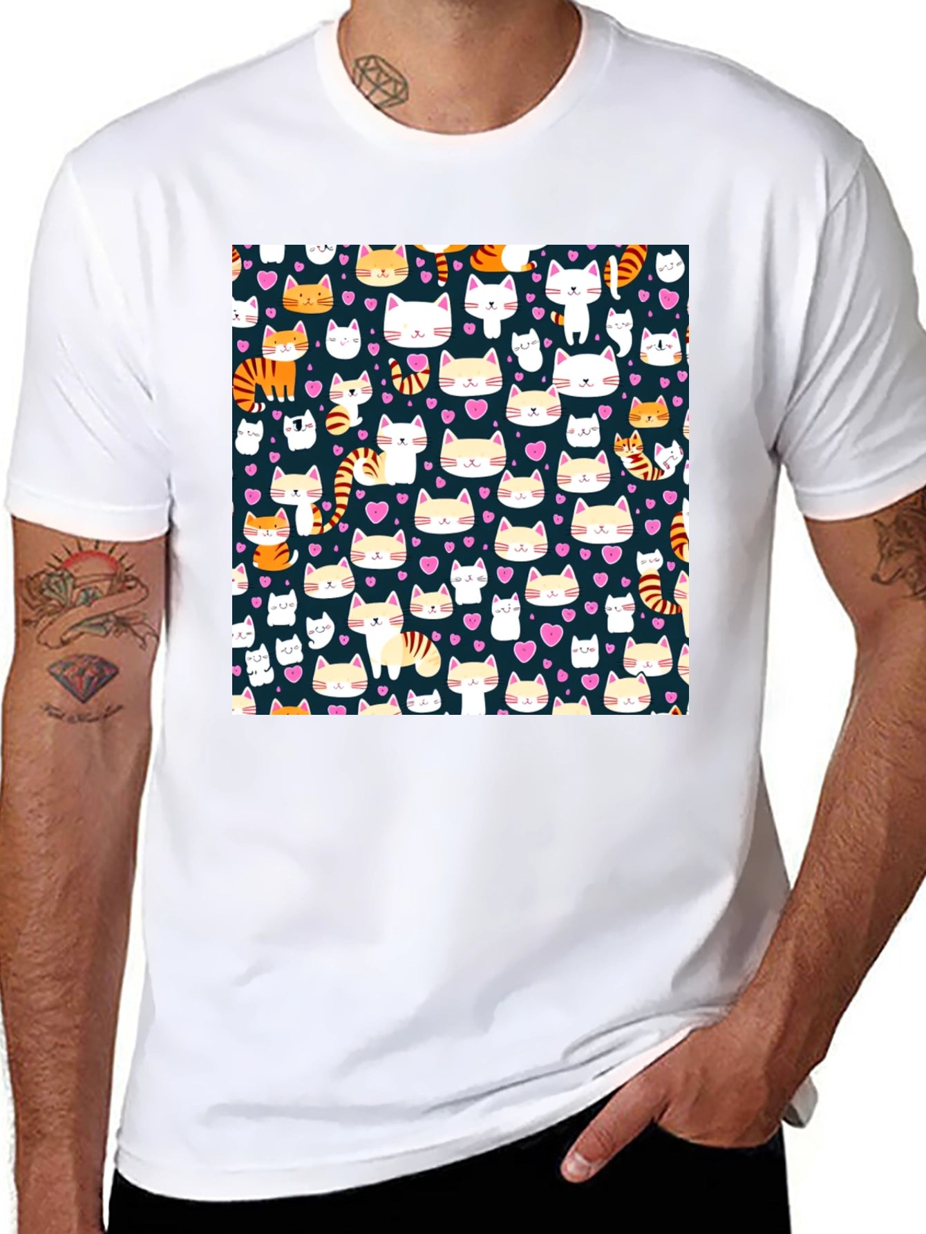 Cute Cat Pattern Black T-Shirt
