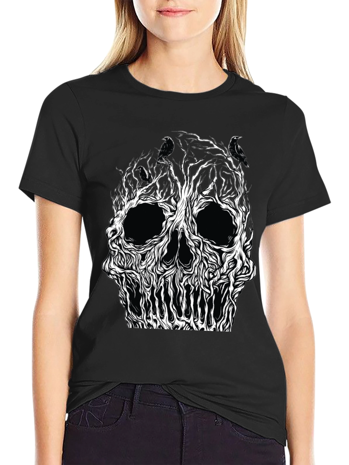 Skull Tree Raven Graphic Tee - Black