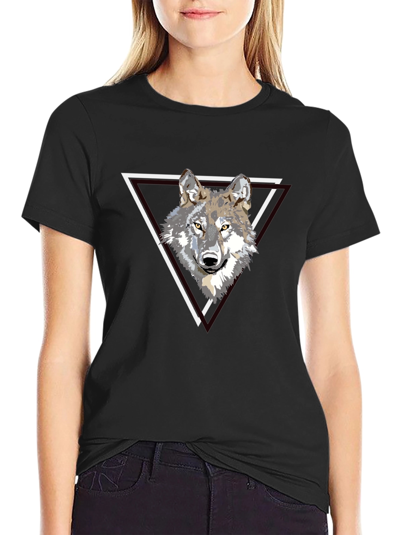Wolf Triangle Graphic Print Black T-Shirt