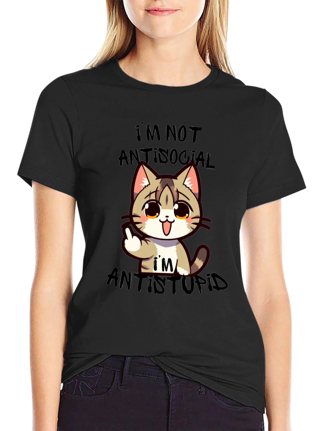 Antisocial Antistupid Cat Graphic T-Shirt