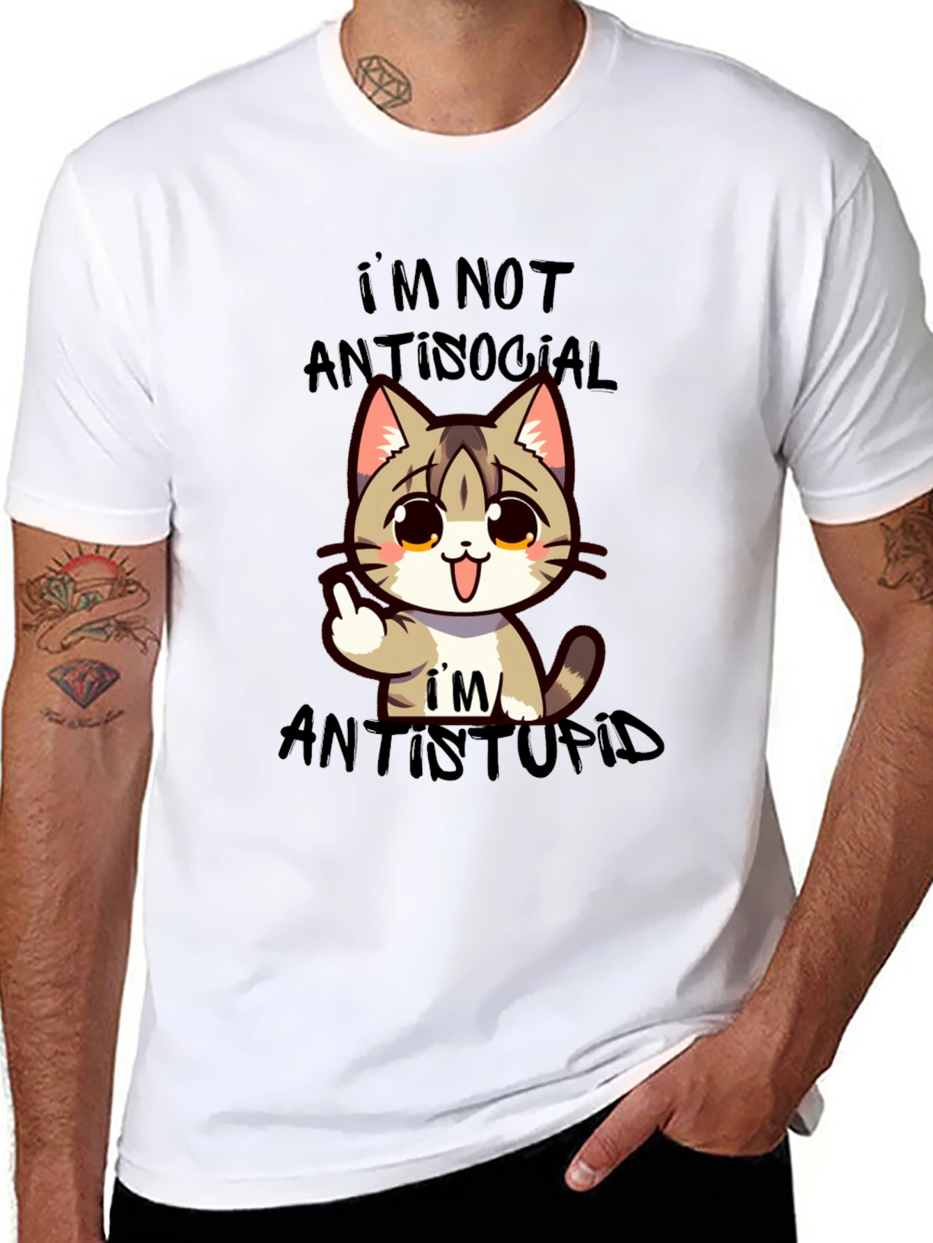 Antisocial Antistupid Cat Graphic T-Shirt
