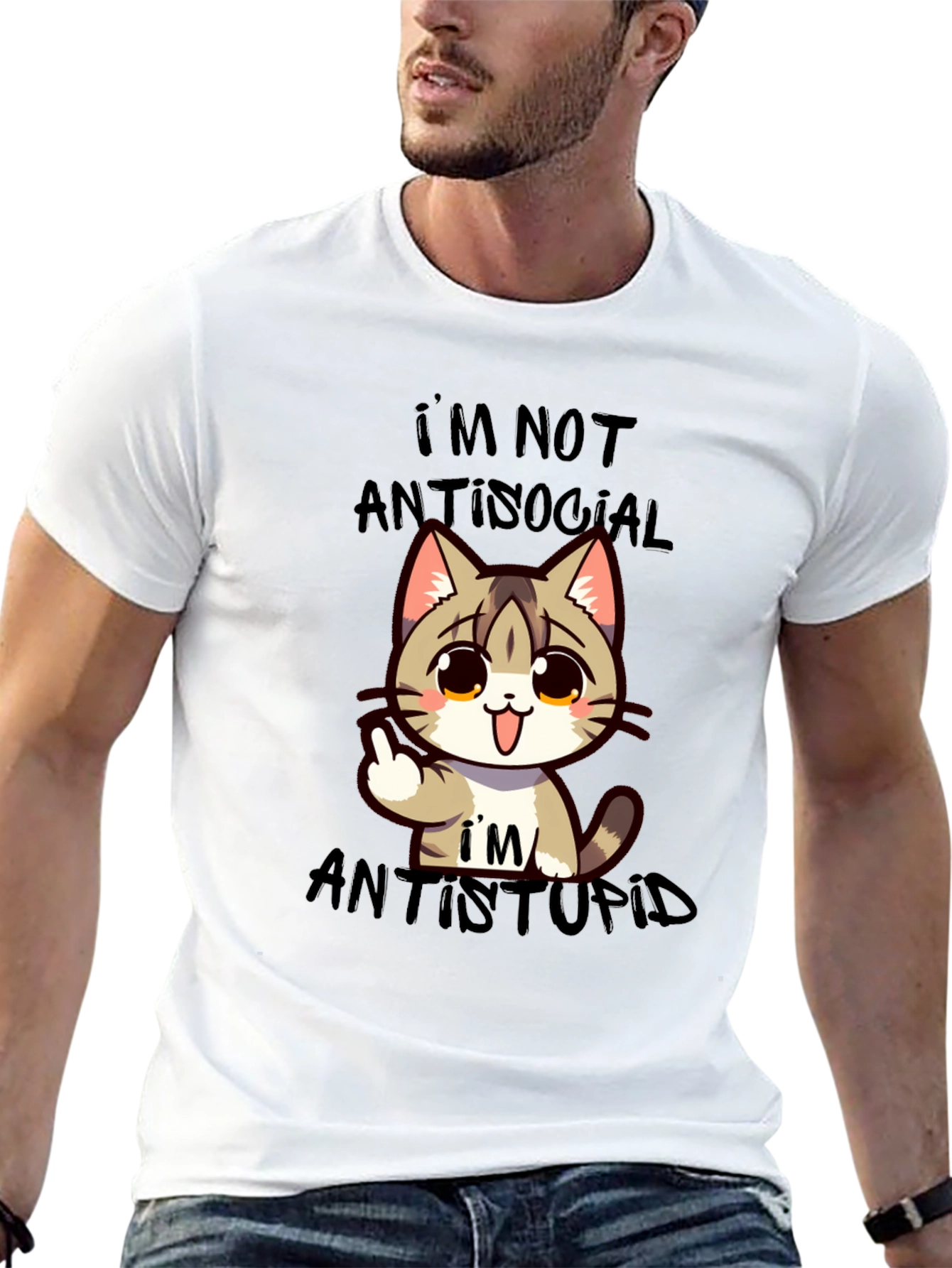 Antisocial Antistupid Cat Graphic T-Shirt